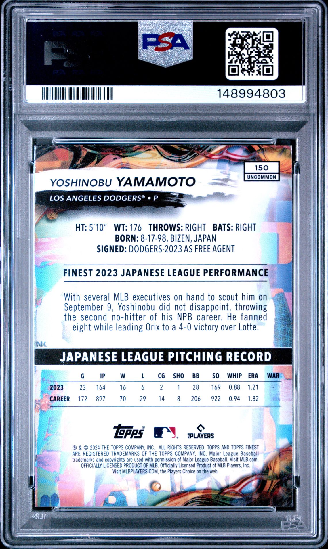 2024 Topps Finest Yoshinobu Yamamoto #150 Mint 9 back