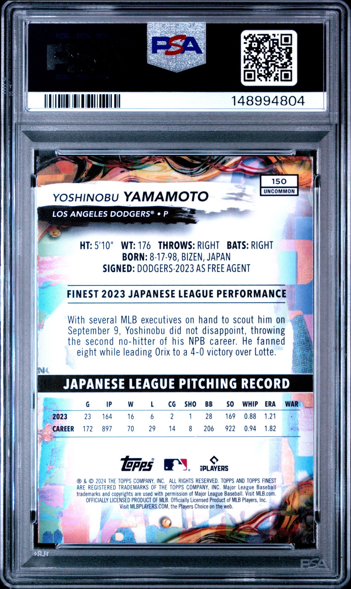 2024 Topps Finest Yoshinobu Yamamoto #150 (Checkerboard Refractor) Mint 9 back