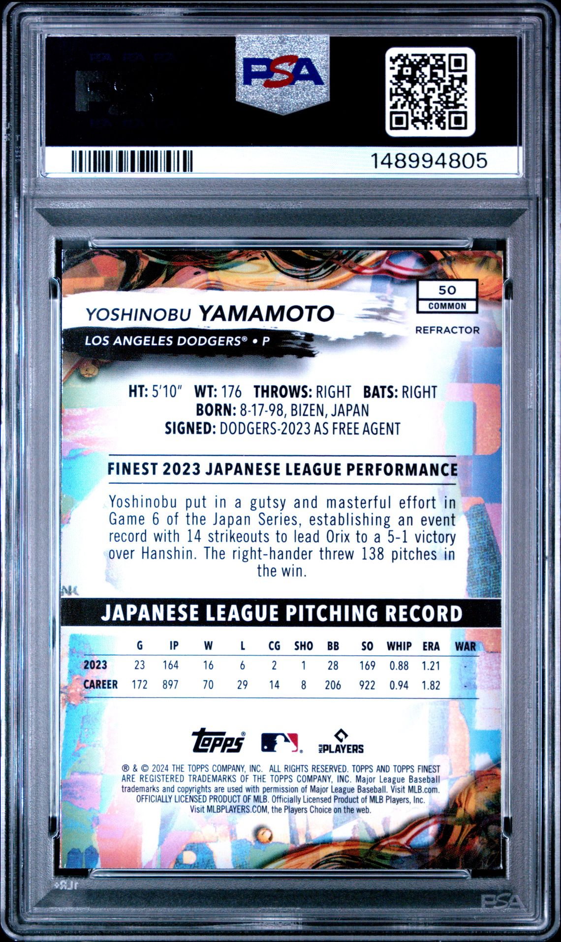 2024 Topps Finest Yoshinobu Yamamoto #50 (Refractor) Gem Mt 10 back