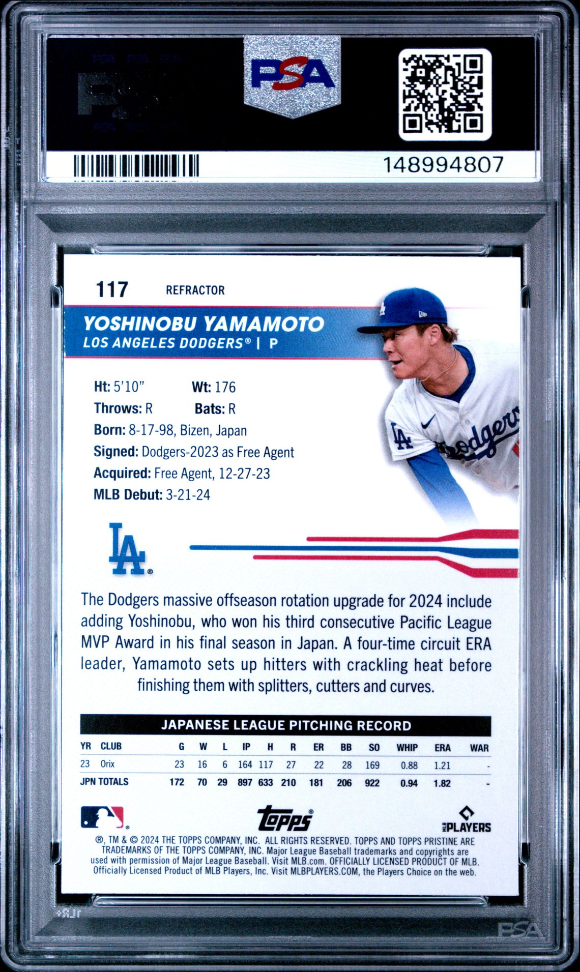 2024 Topps Pristine Yoshinobu Yamamoto #117 (Refractor) Gem Mt 10 back