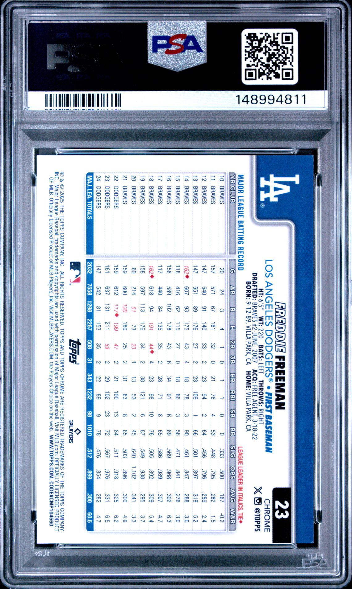 2025 Topps Chrome Sapphire Freddie Freeman #23 (Variation) Mint 9 back