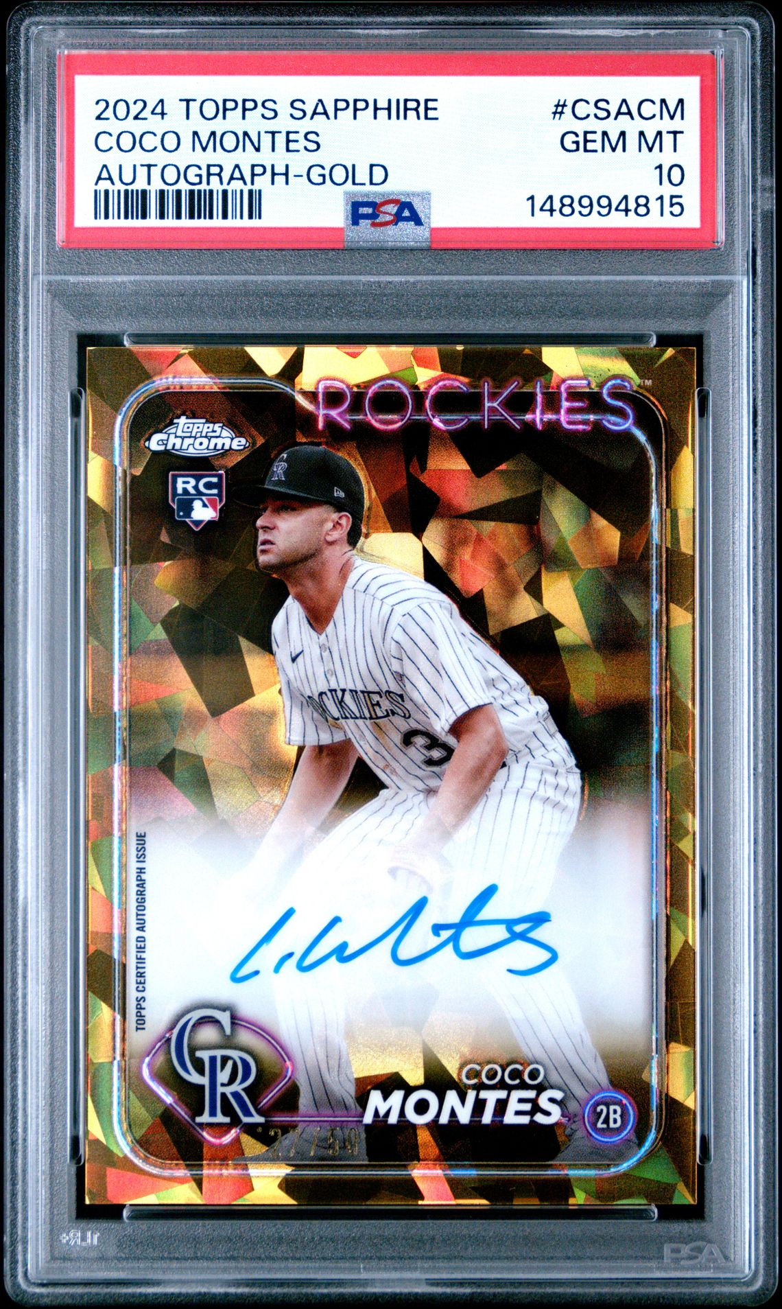 2024 Topps Chrome Sapphire Chrome Sapphire Autographs Coco Montes #Csacm (Autograph-Gold) Gem Mt 10 front view - PSA graded GEM MT 10
