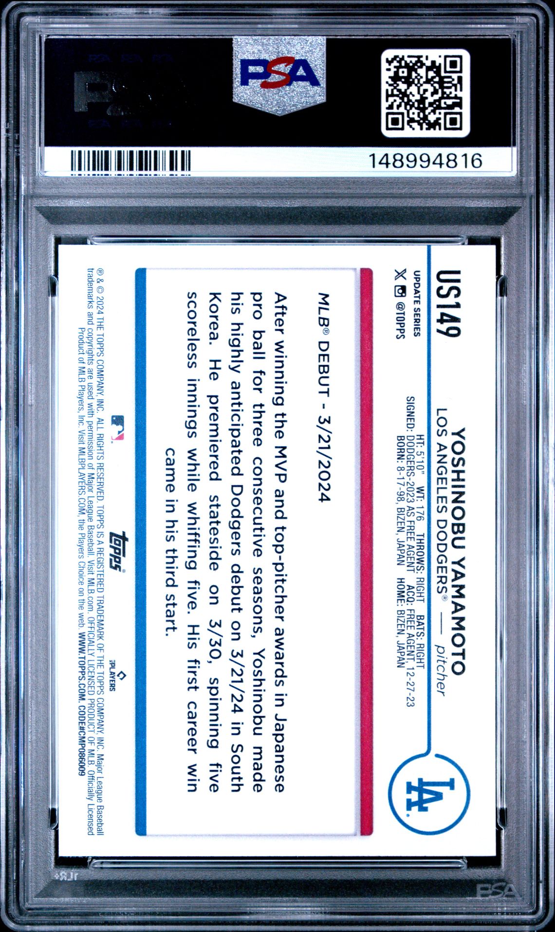 2024 Topps Update Yoshinobu Yamamoto #Us149 Nm-Mt 8 back
