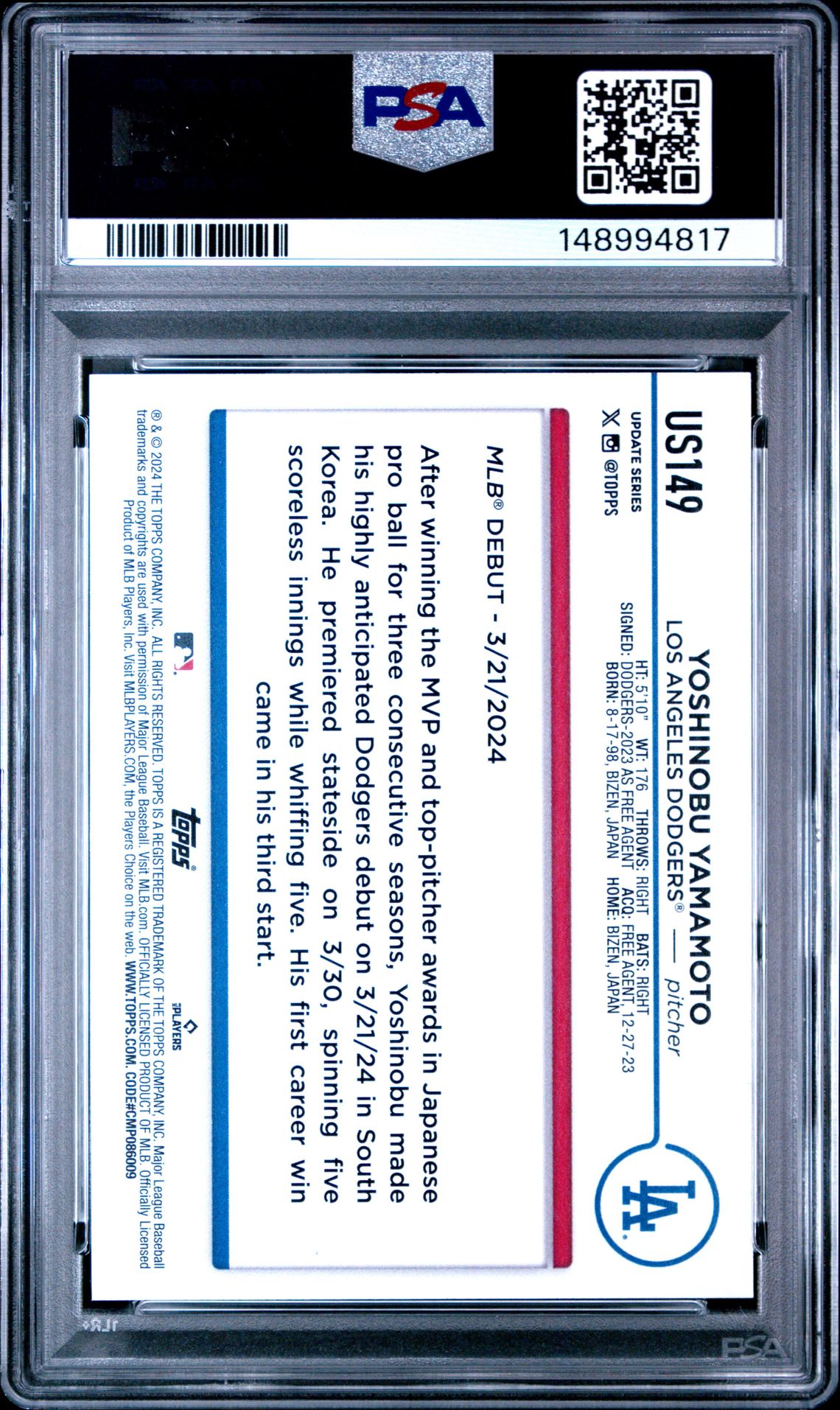 2024 Topps Update Yoshinobu Yamamoto #Us149 Nm-Mt 8 back