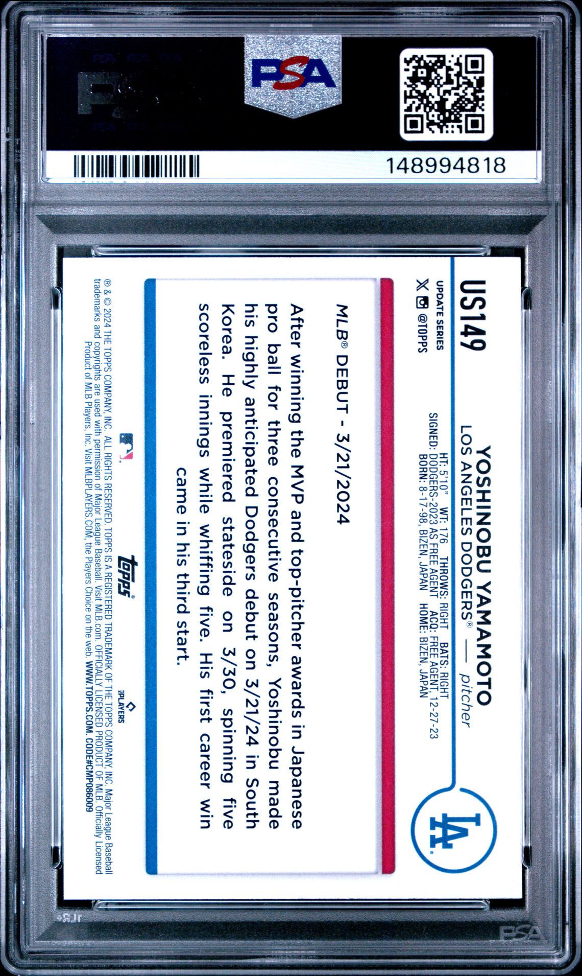 2024 Topps Update Yoshinobu Yamamoto #Us149 Mint 9 back