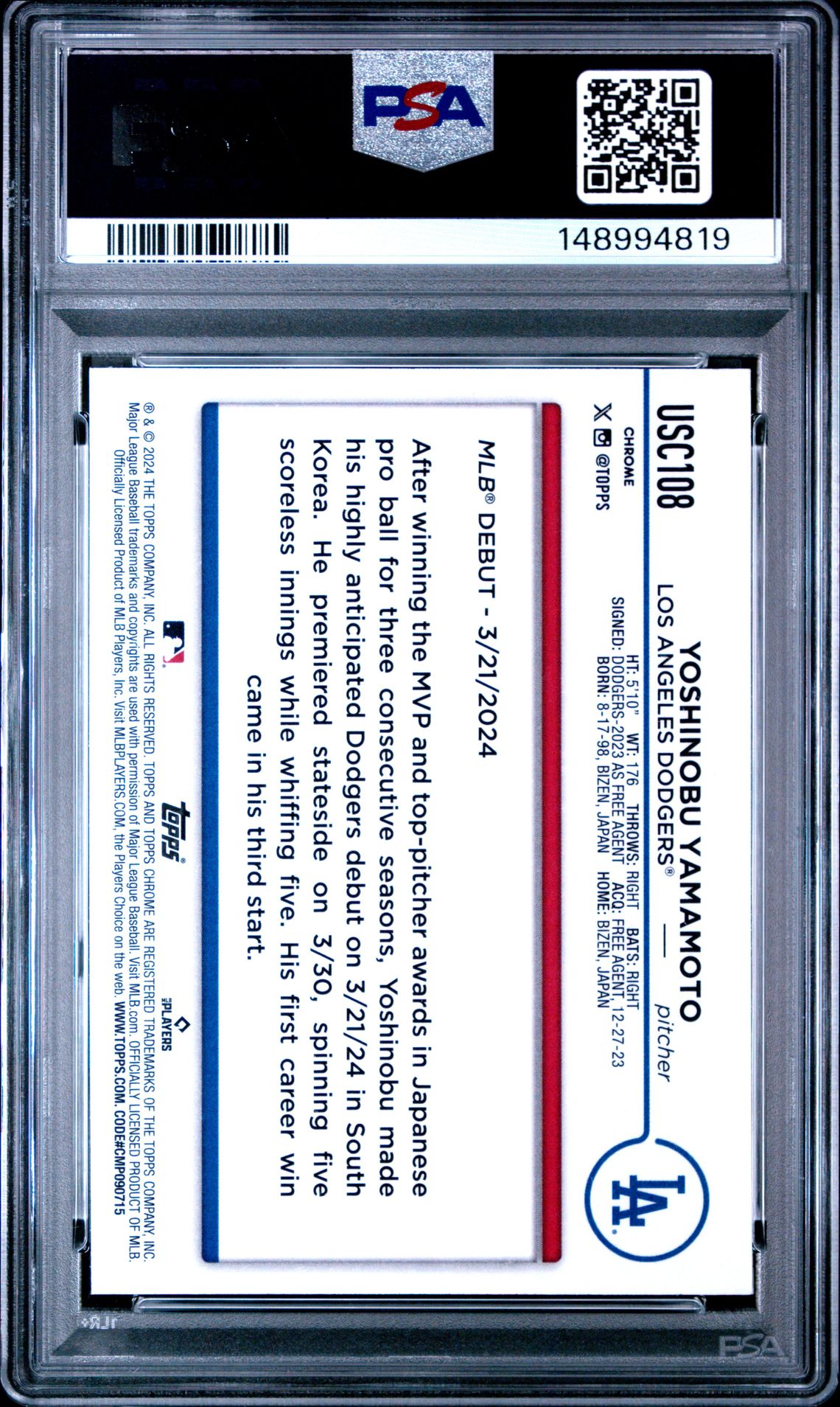 2024 Topps Chrome Update Yoshinobu Yamamoto #Usc108 Mint 9 back