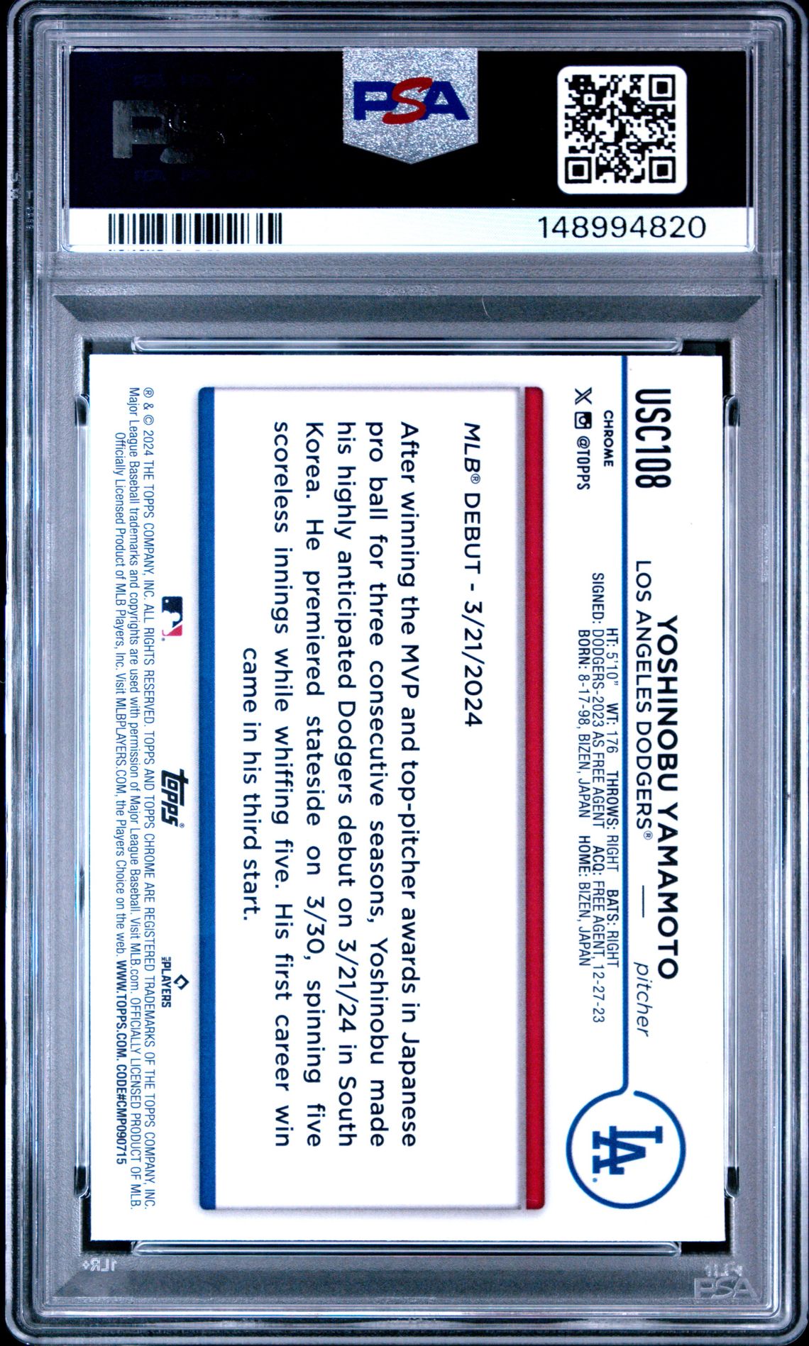 2024 Topps Chrome Update Yoshinobu Yamamoto #Usc108 Gem Mt 10 back