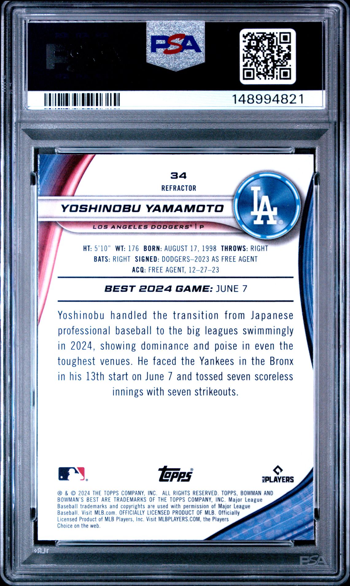 2024 Bowman's Best Yoshinobu Yamamoto #34 (Refractor) Mint 9 back