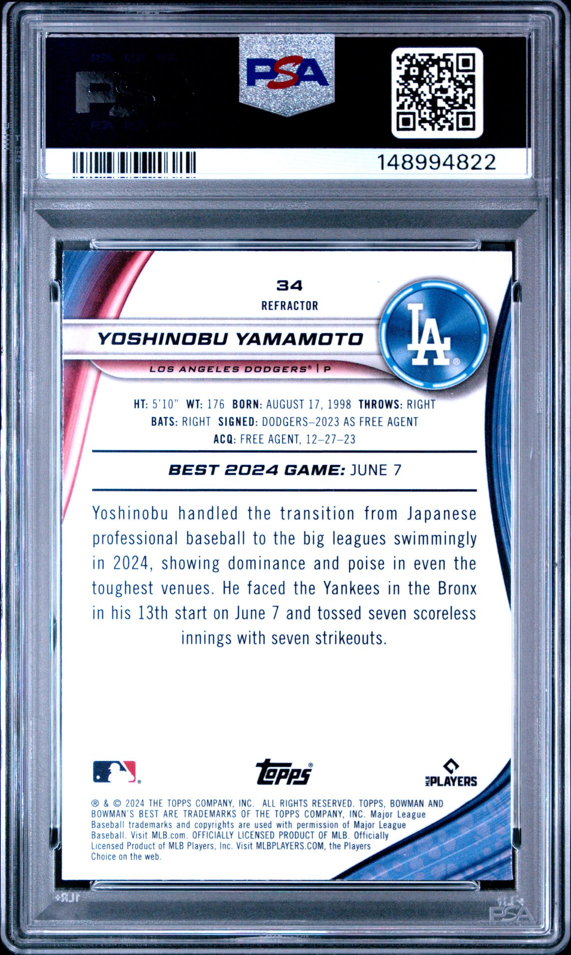 2024 Bowman's Best Yoshinobu Yamamoto #34 (Refractor) Gem Mt 10 back