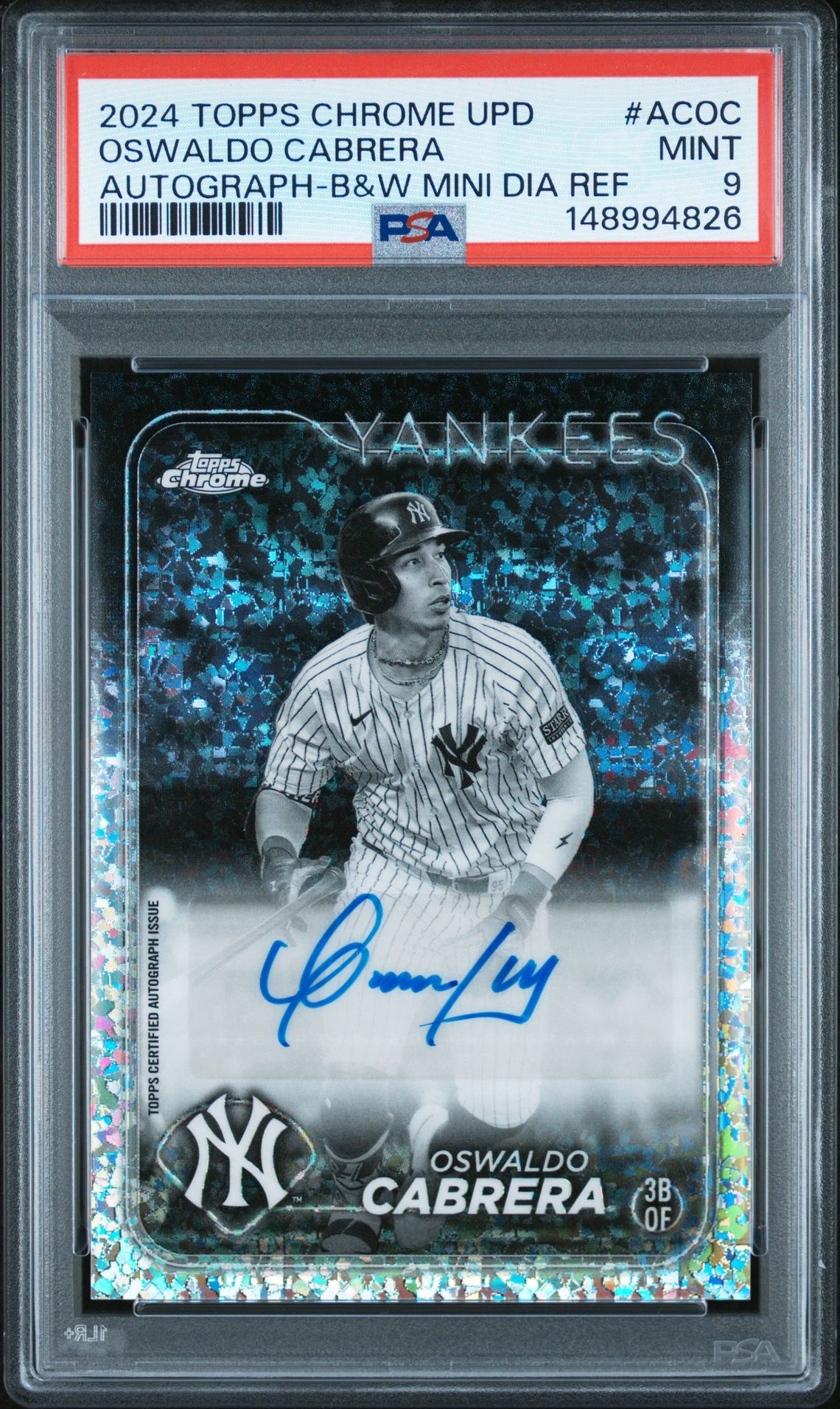 2024 Topps Chrome Update Chrome Baseball Update Series Autographs Oswaldo Cabrera #Acoc (Autograph-B&W Mini Dia Ref) Mint 9 front
