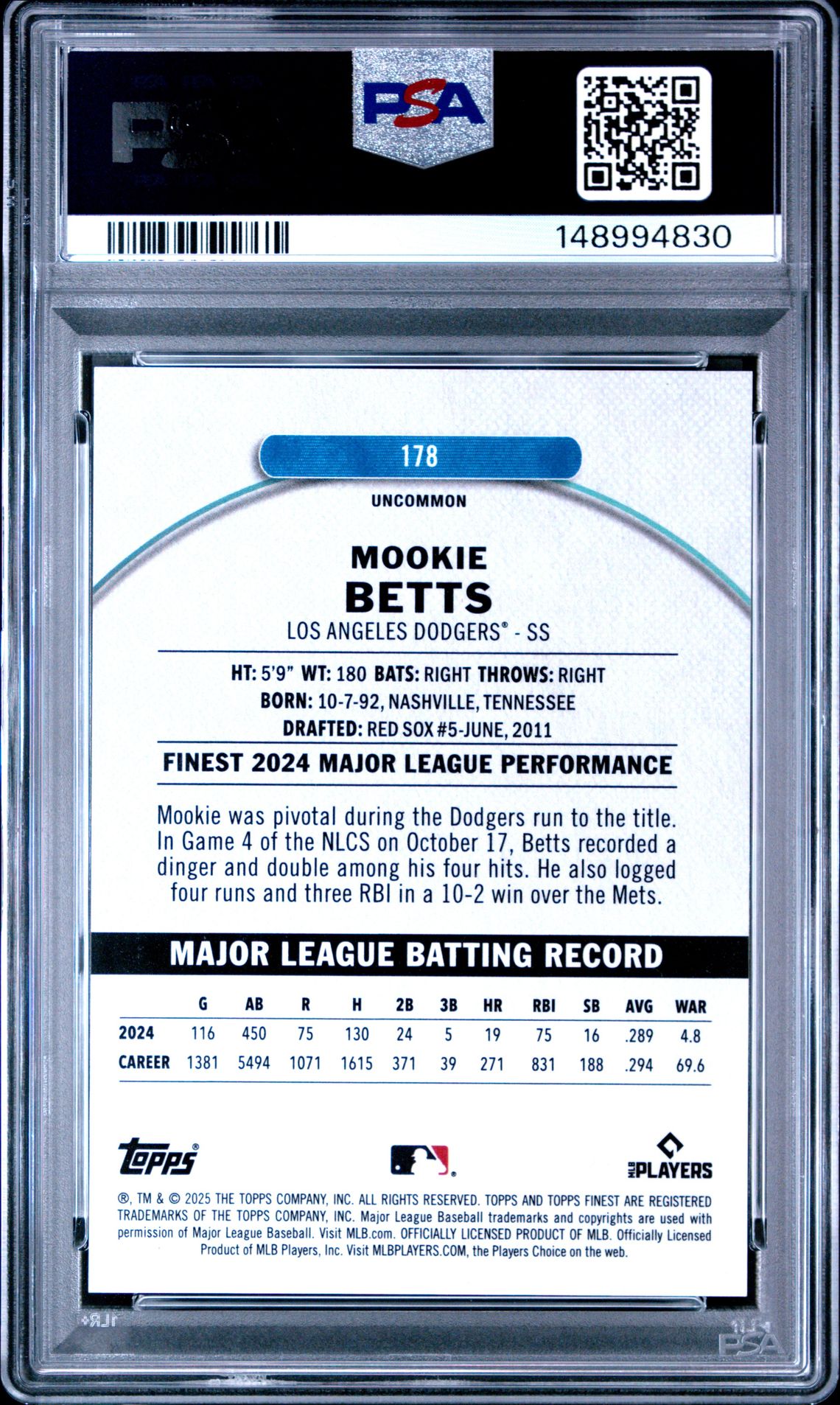 2025 Topps Finest Mookie Betts #178 (Orange Refractor) Gem Mt 10 back