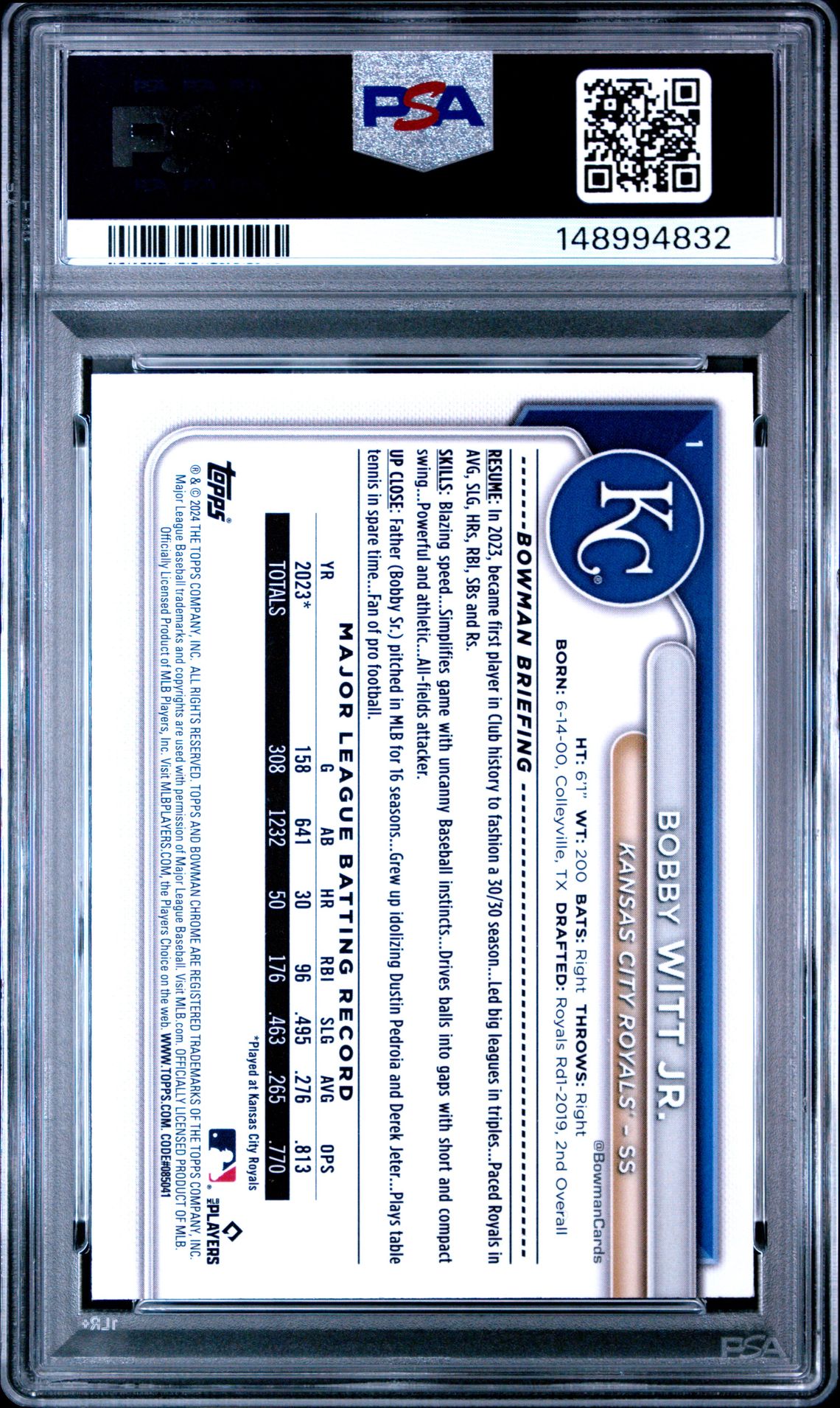 2024 Bowman Chrome Sapphire Edition Bobby Witt Jr. #1 Mint 9 back