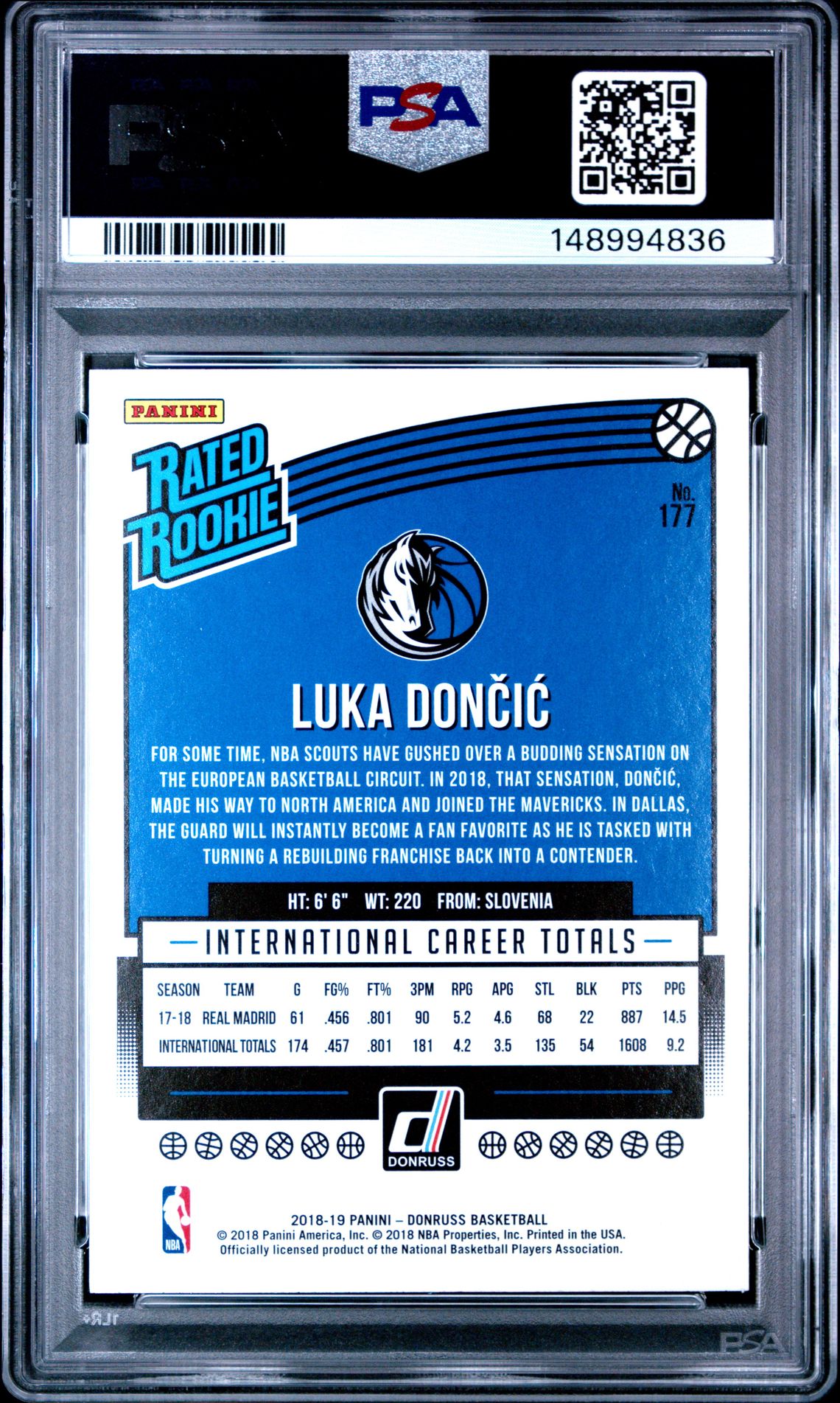 2018 Panini Donruss Luka Doncic #177 Mint 9 back