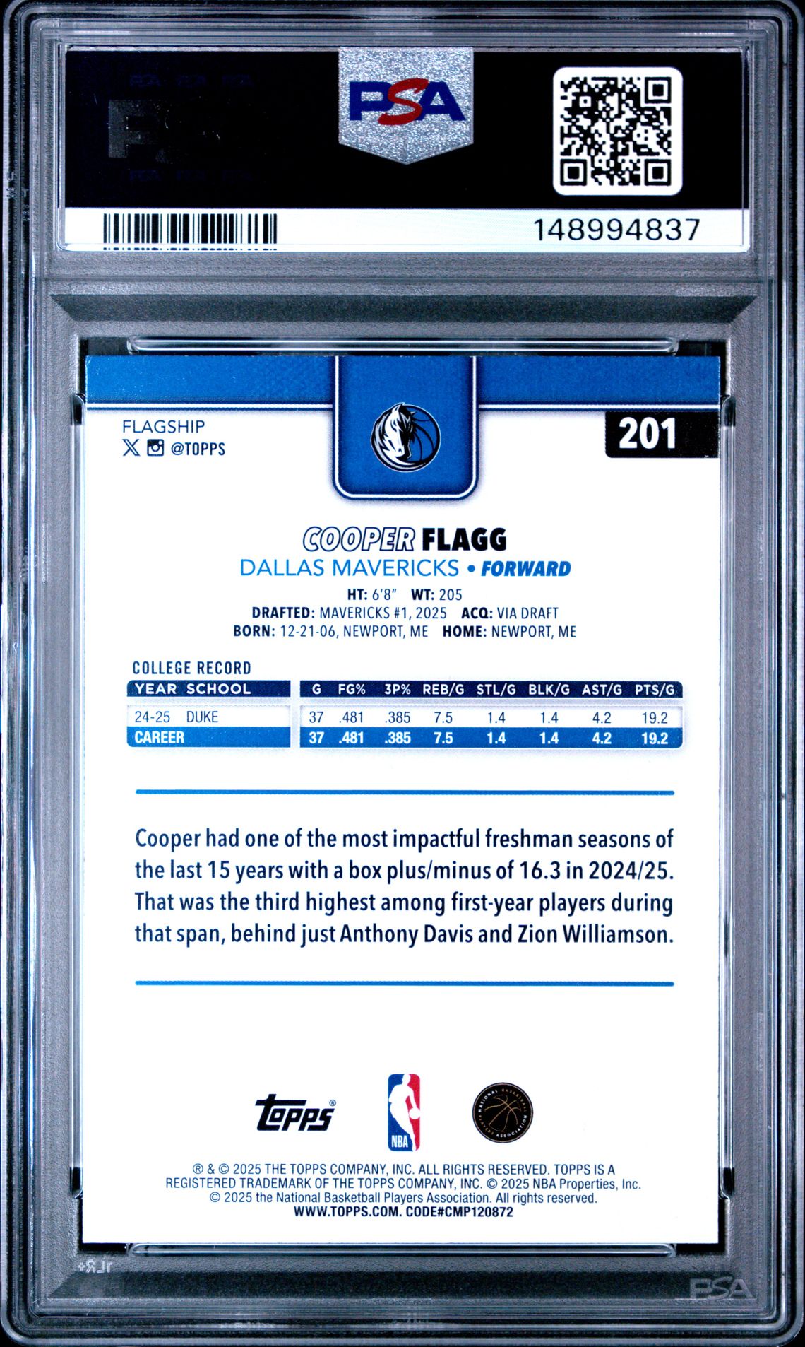2025 Topps Cooper Flagg #201 Mint 9 back
