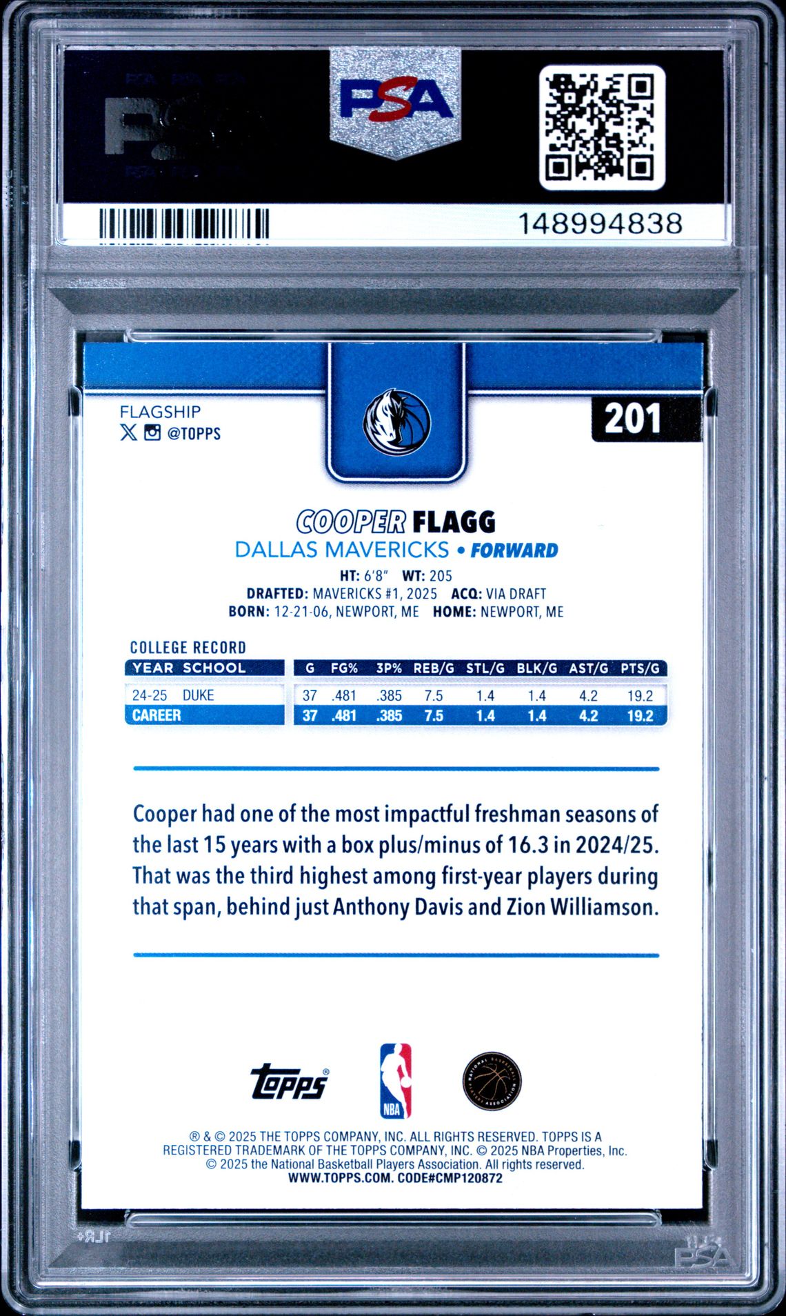 2025 Topps Cooper Flagg #201 Mint 9 back