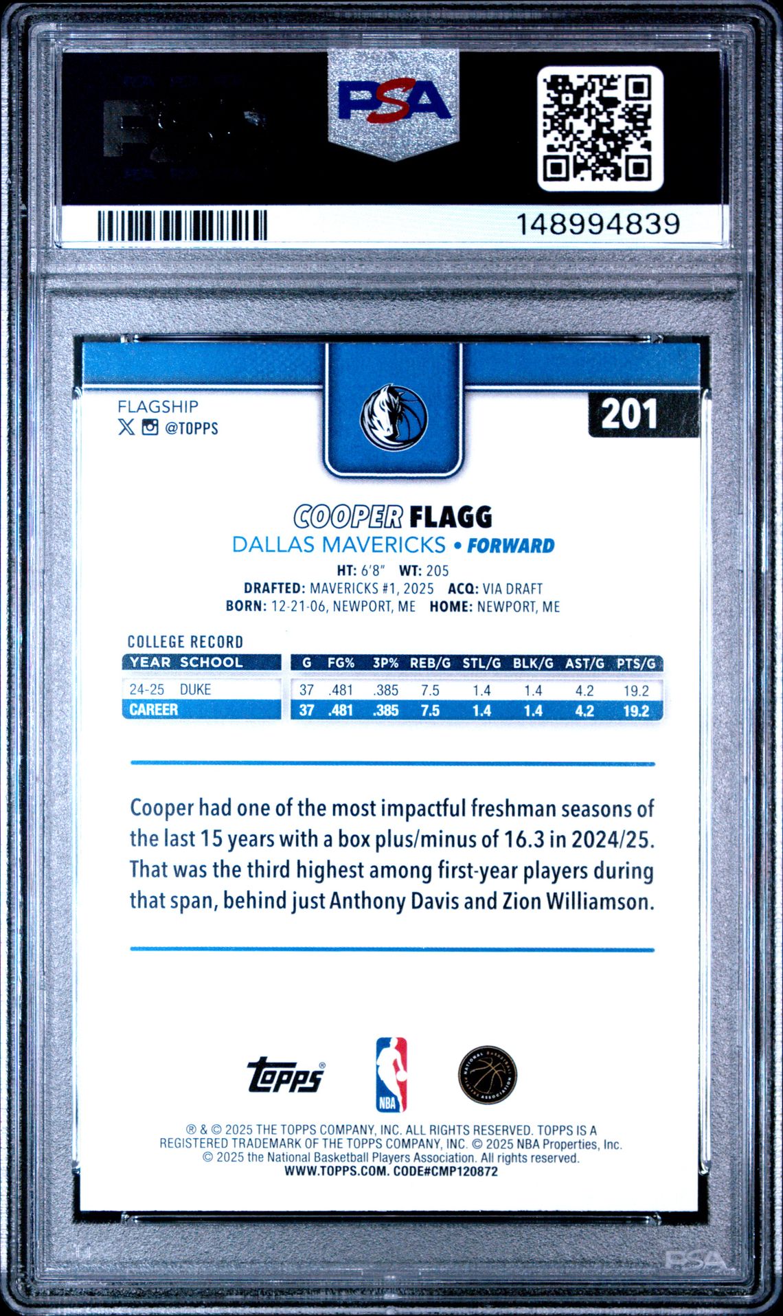 2025 Topps Cooper Flagg #201 Mint 9 back