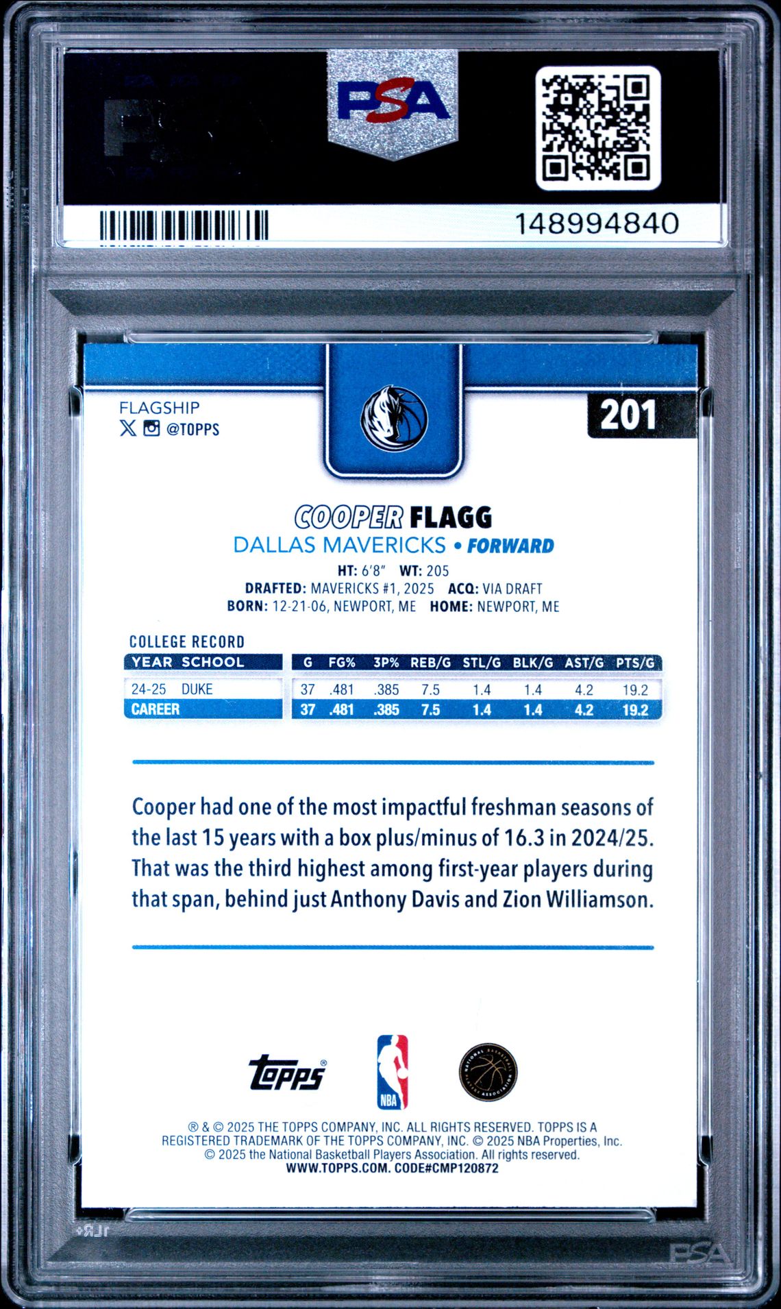 2025 Topps Cooper Flagg #201 Gem Mt 10 back