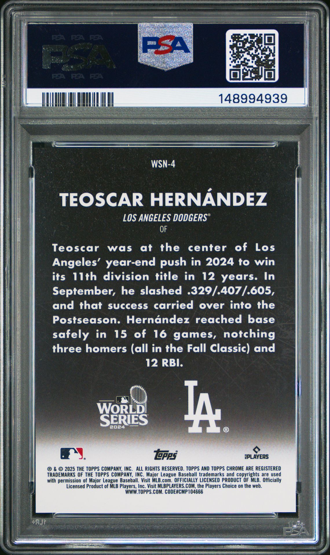 2025 Topps Chrome World Series At Night Teoscar Hernandez #Wsn4 Gem Mt 10 back