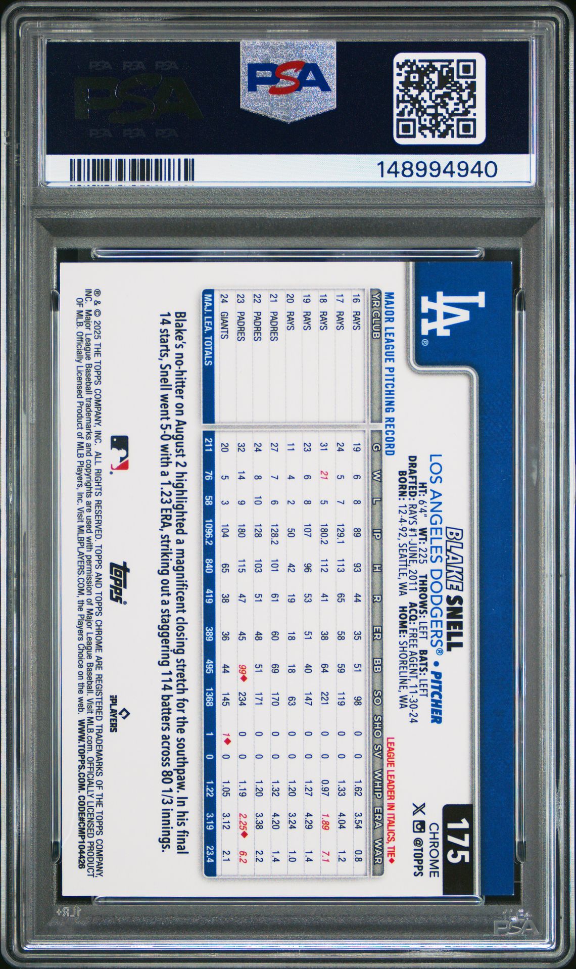 2025 Topps Chrome Logofractor Edition Blake Snell #175 (Gold Refractor) Nm-Mt+ 8.5 back