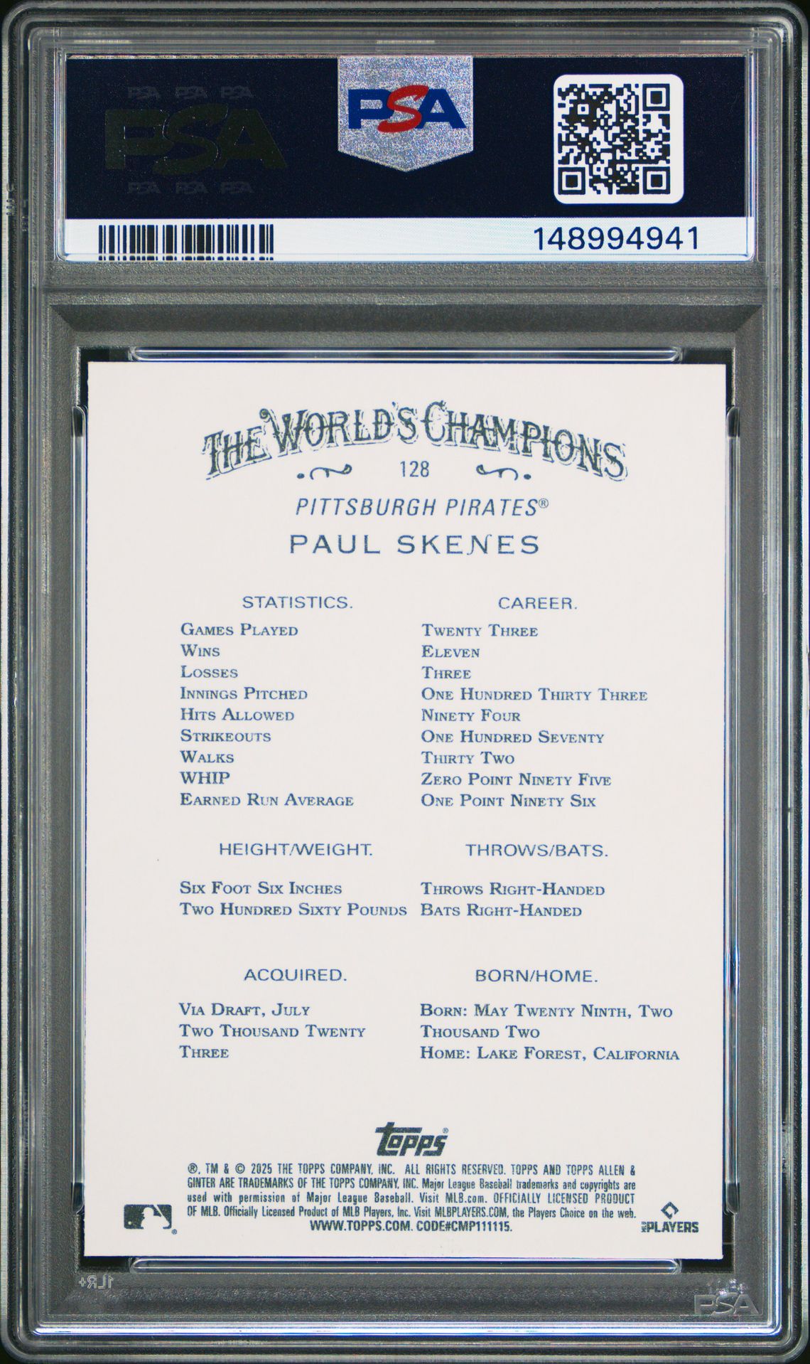 2025 Topps Allen & Ginter Paul Skenes #128 Mint 9 back