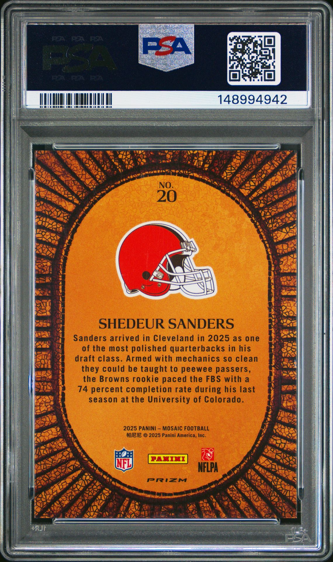 2025 Panini Mosaic Micro Mosaic Shedeur Sanders #20 Gem Mt 10 back view - PSA certificate #148994942