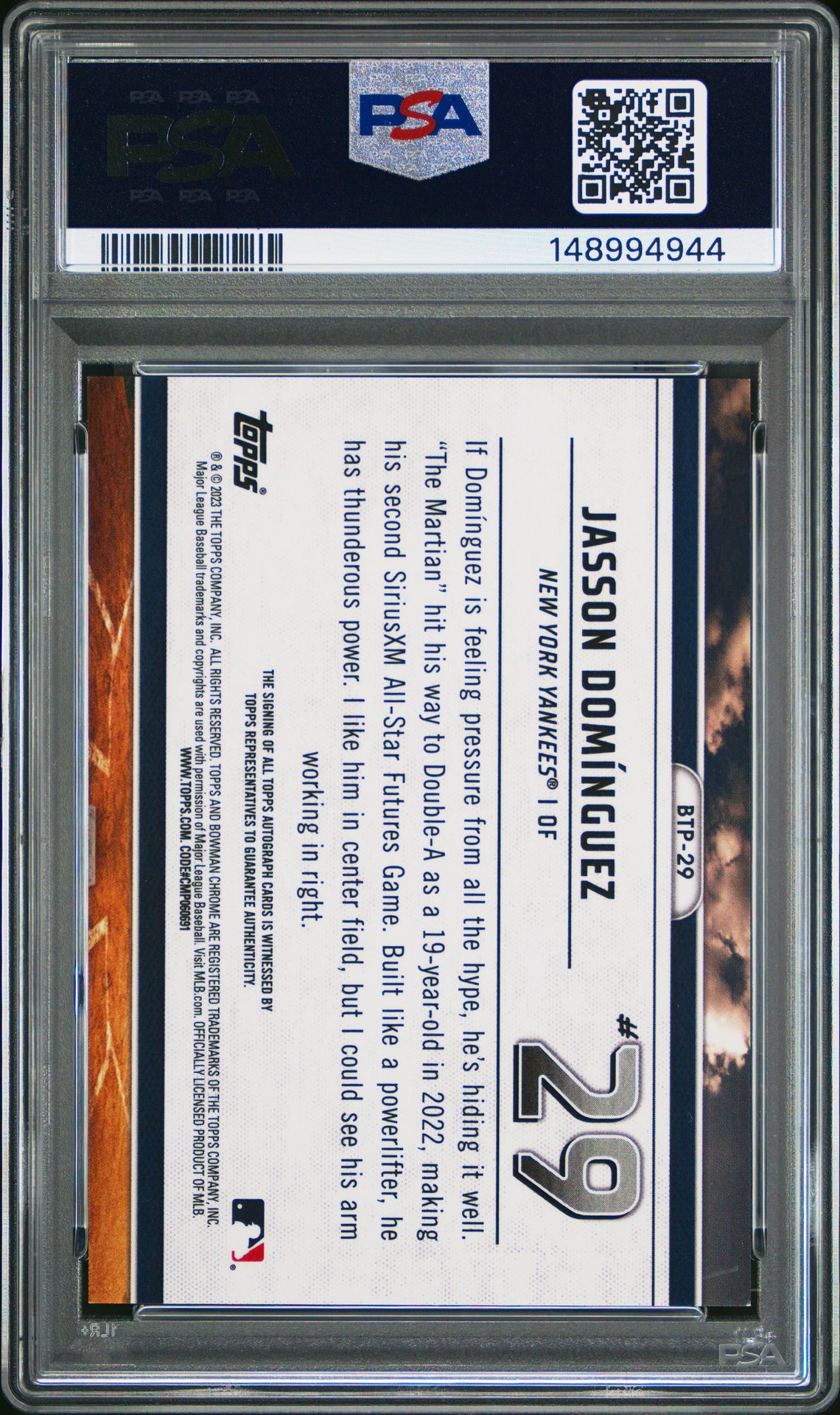 2023 Bowman Scouts' Top 100 Jasson Dominguez #Btp29 (Scouts' Top 100-Autograph) Mint 9 back