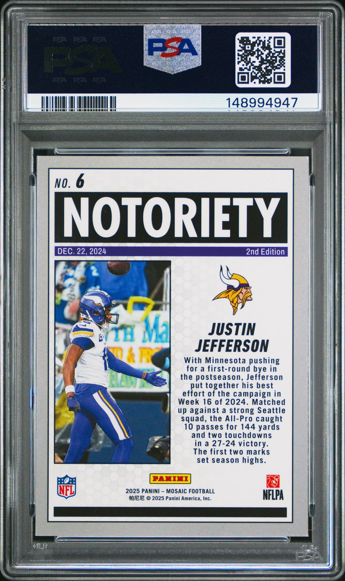 2025 Panini Mosaic Notoriety Justin Jefferson #6 (Notoriety-Mosaic) Mint 9 back