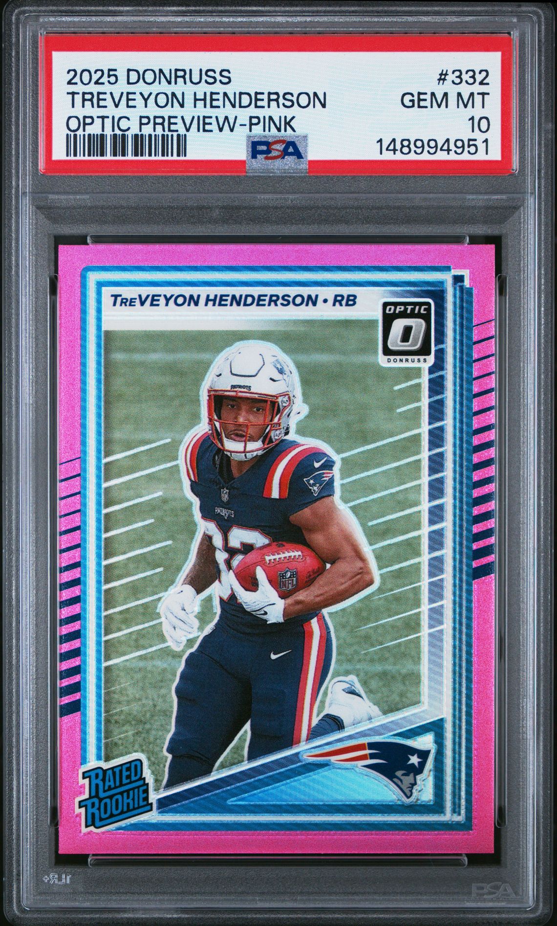 2025 Panini Donruss Treveyon Henderson #332 (Optic Preview-Pink) Gem Mt 10 front view - PSA graded GEM MT 10