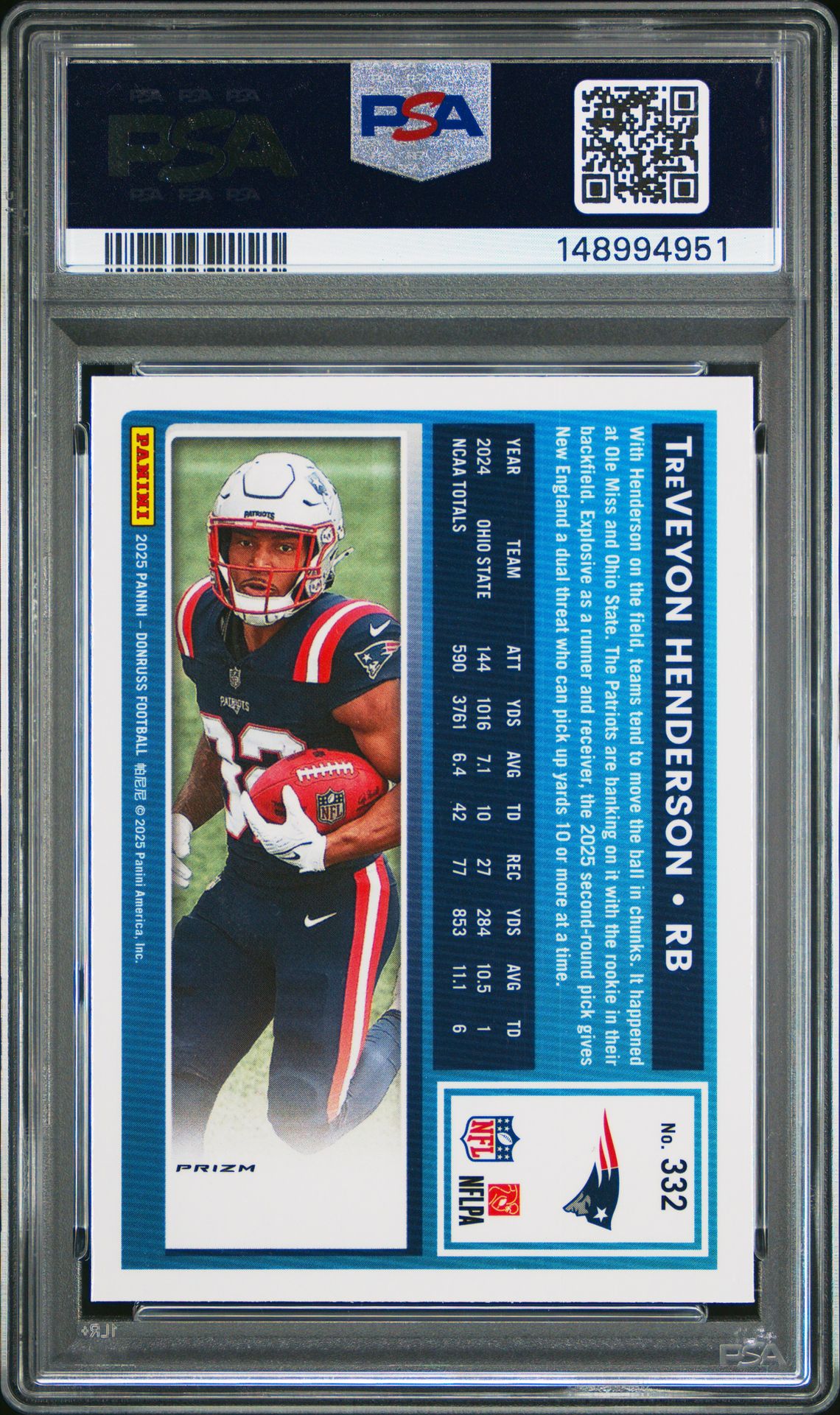 2025 Panini Donruss Treveyon Henderson #332 (Optic Preview-Pink) Gem Mt 10 back view - PSA certificate #148994951