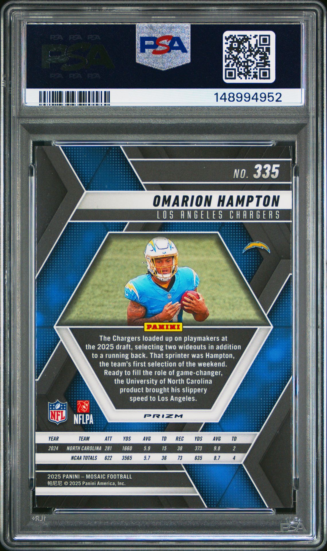 2025 Panini Mosaic Omarion Hampton #335 (Reactive Purple) Gem Mt 10 back view - PSA certificate #148994952