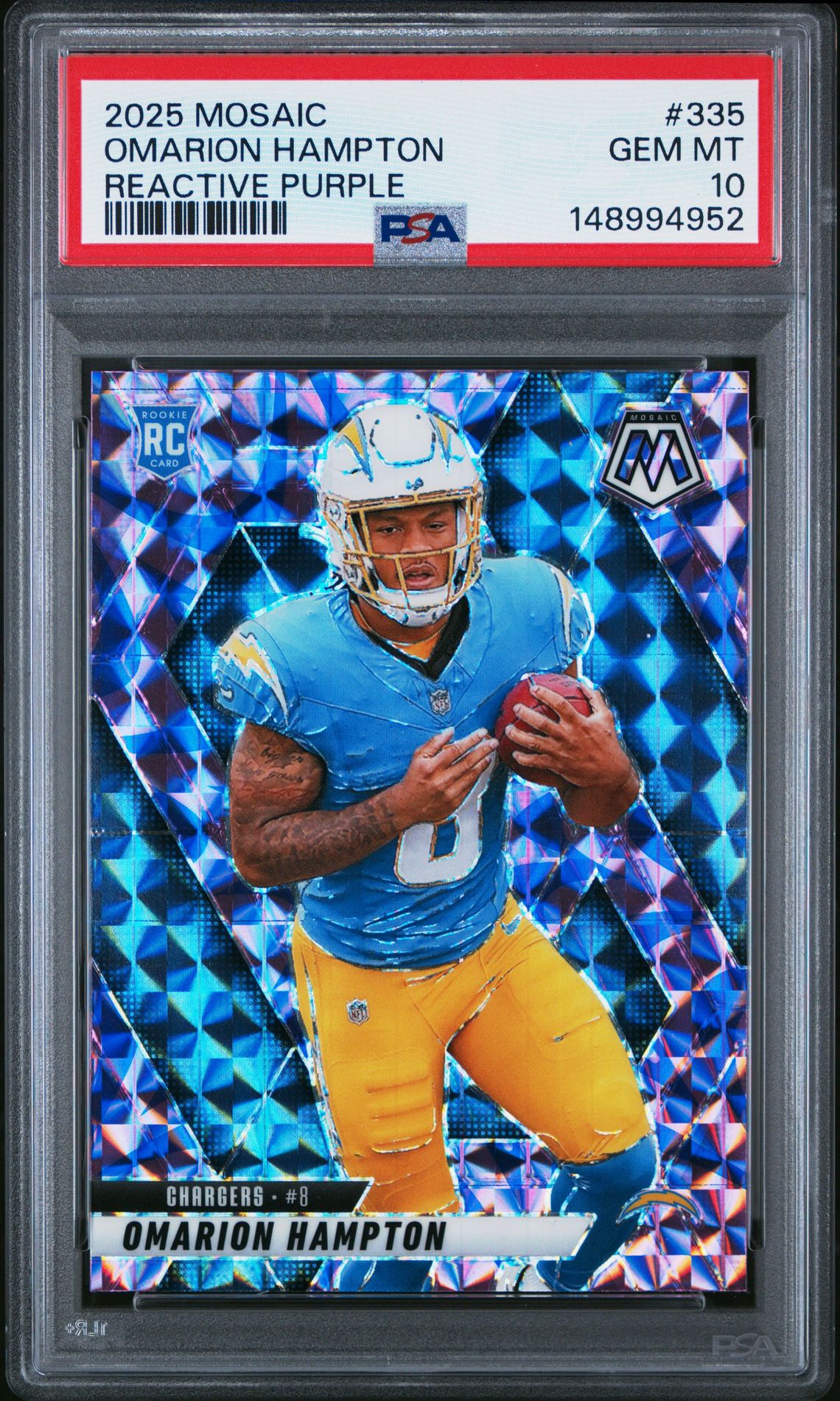 2025 Panini Mosaic Omarion Hampton #335 (Reactive Purple) Gem Mt 10 front view - PSA graded GEM MT 10