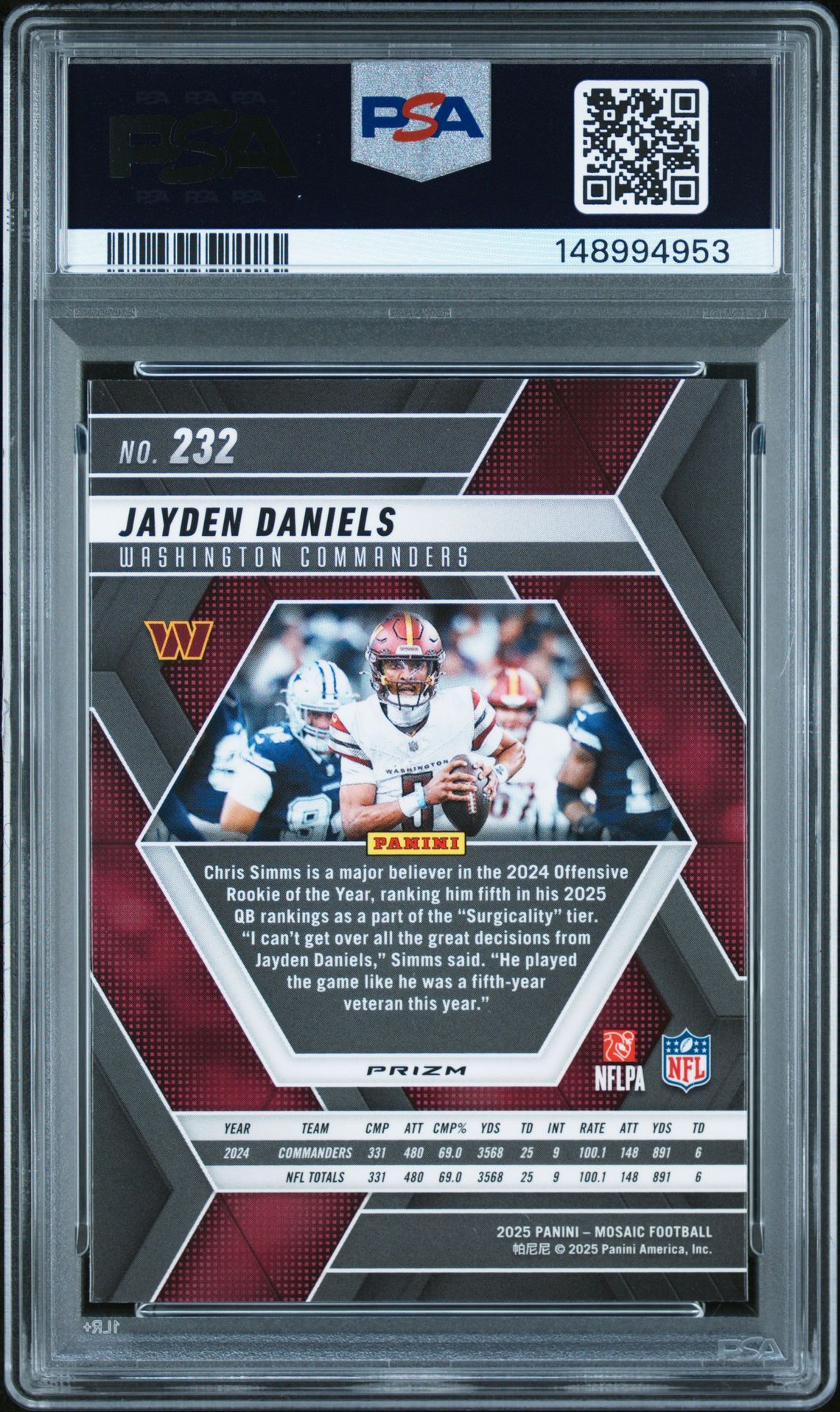 2025 Panini Mosaic Jayden Daniels #232 (Reactive Purple) Gem Mt 10 back view - PSA certificate #148994953