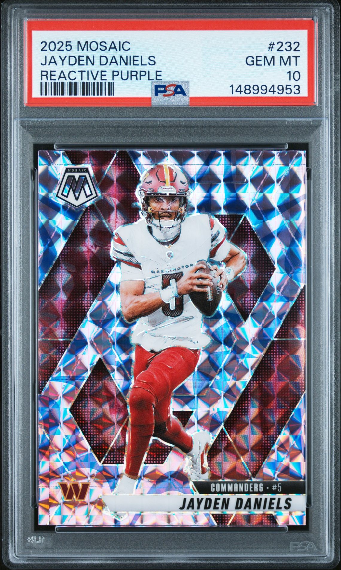2025 Panini Mosaic Jayden Daniels #232 (Reactive Purple) Gem Mt 10 front view - PSA graded GEM MT 10