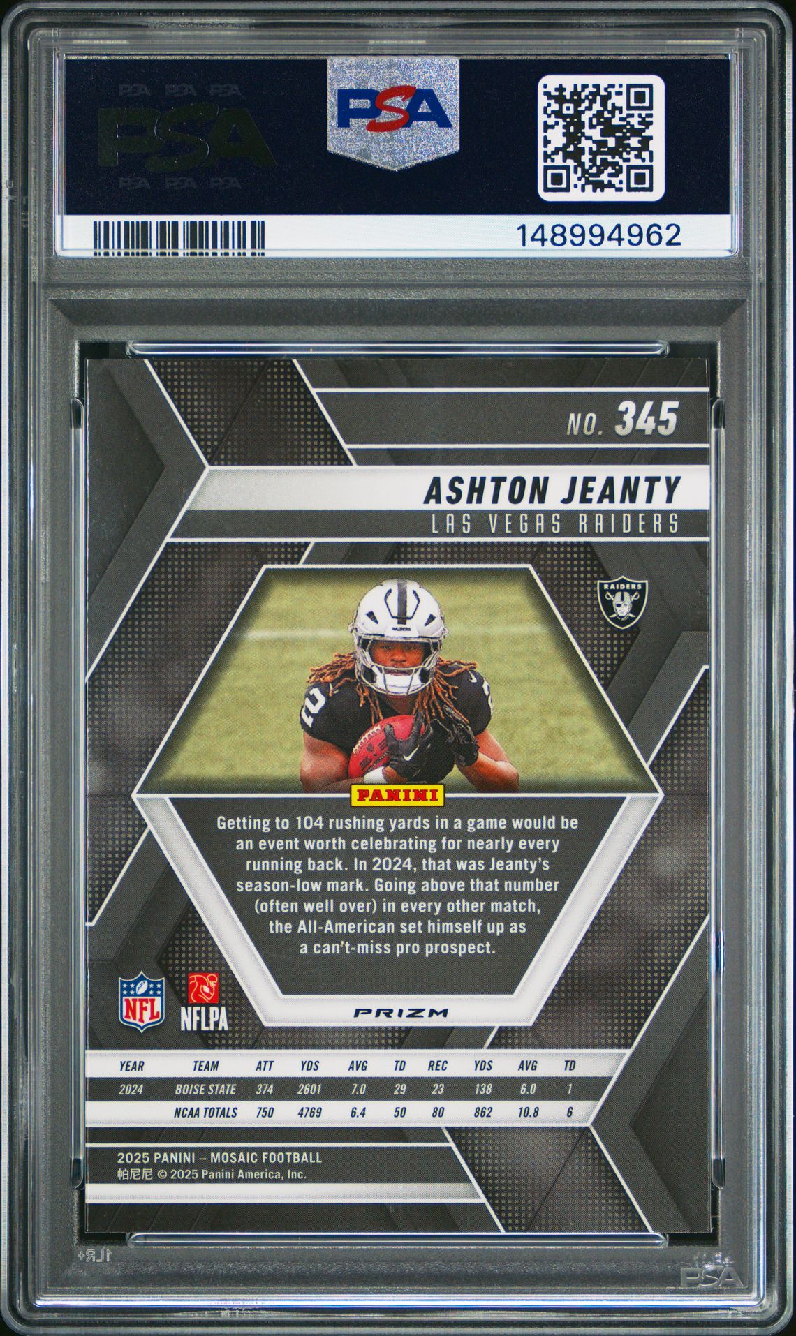 2025 Panini Mosaic Ashton Jeanty #345 (Mosaic) Gem Mt 10 back