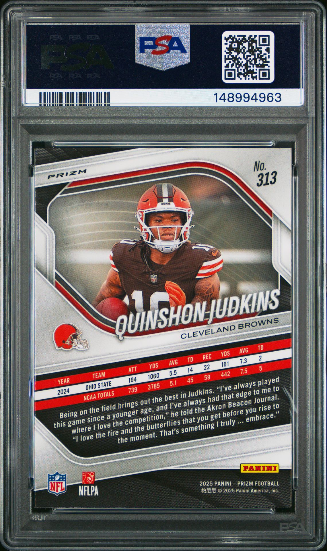 2025 Panini Prizm Quinshon Judkins #313 (Lazer Prizm) Gem Mt 10 back view - PSA certificate #148994963