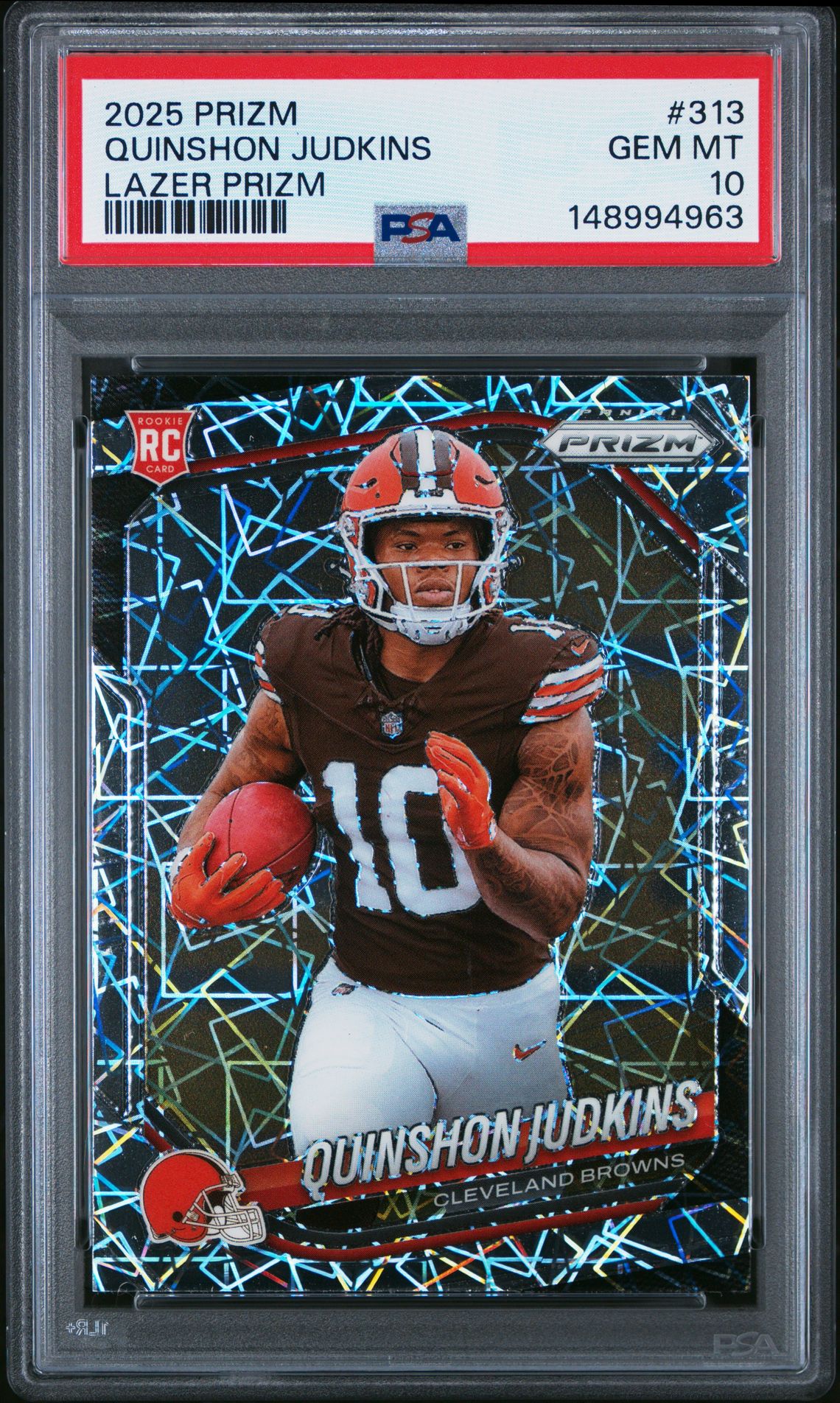2025 Panini Prizm Quinshon Judkins #313 (Lazer Prizm) Gem Mt 10 front view - PSA graded GEM MT 10