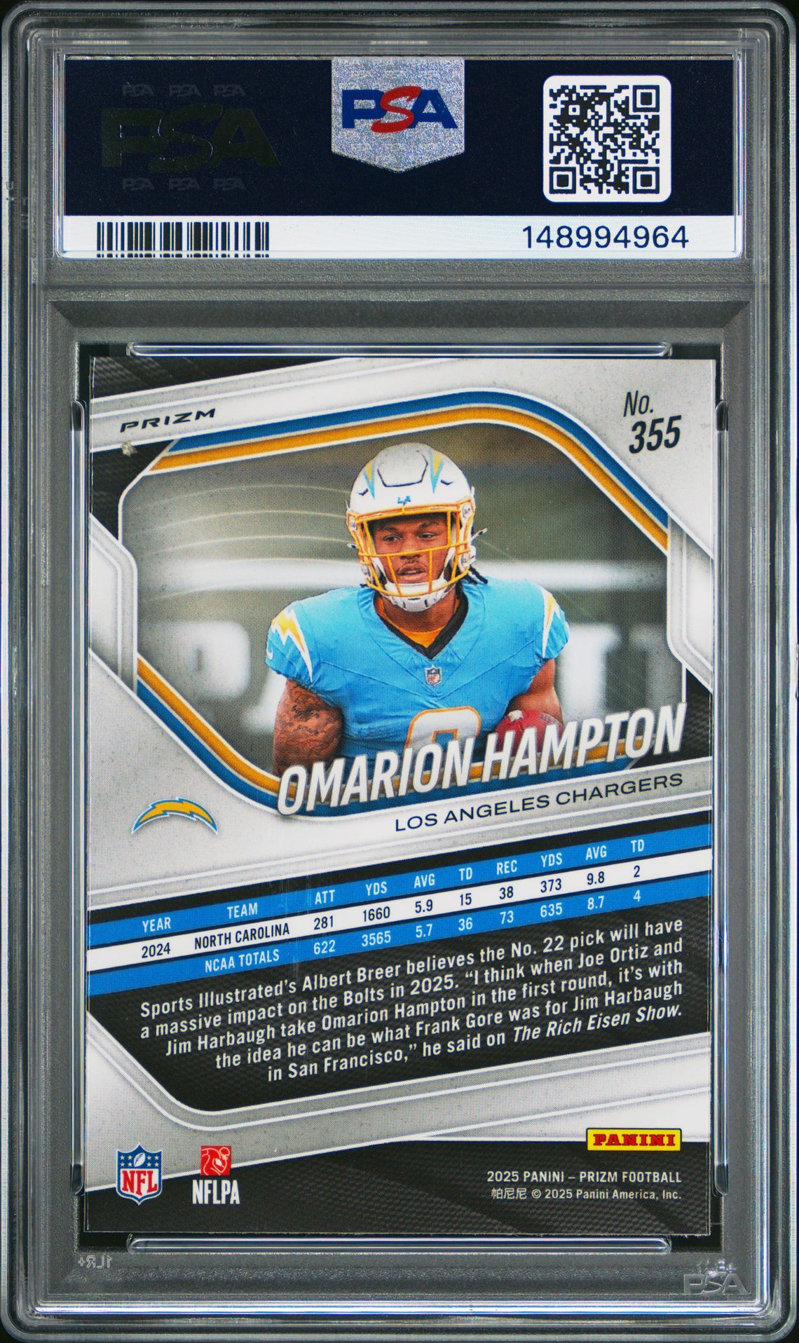 2025 Panini Prizm Omarion Hampton #355 (Lazer Prizm) Gem Mt 10 back
