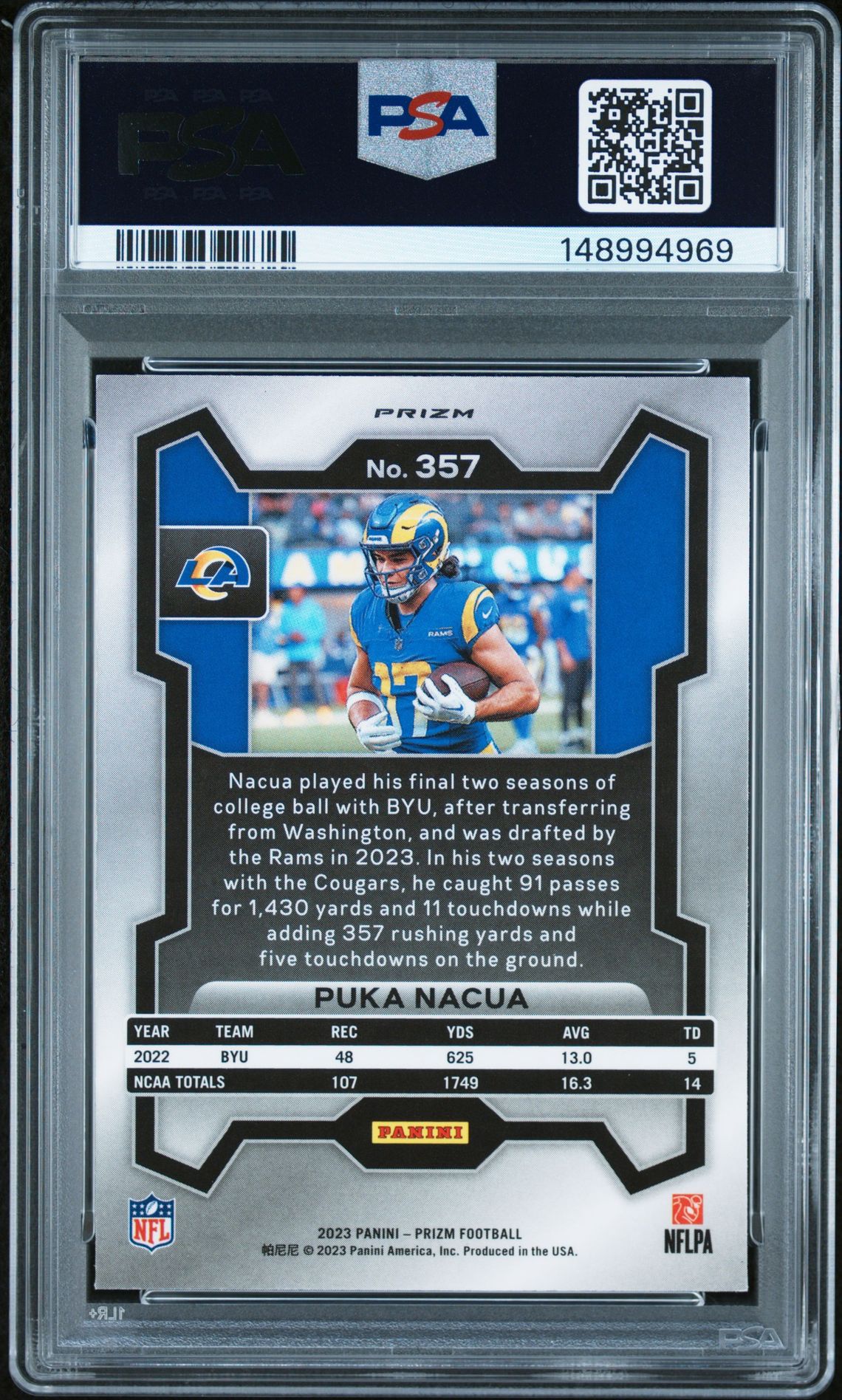 2023 Panini Prizm Puka Nacua #357 (Red/White/Blue Prizm) Mint 9 back