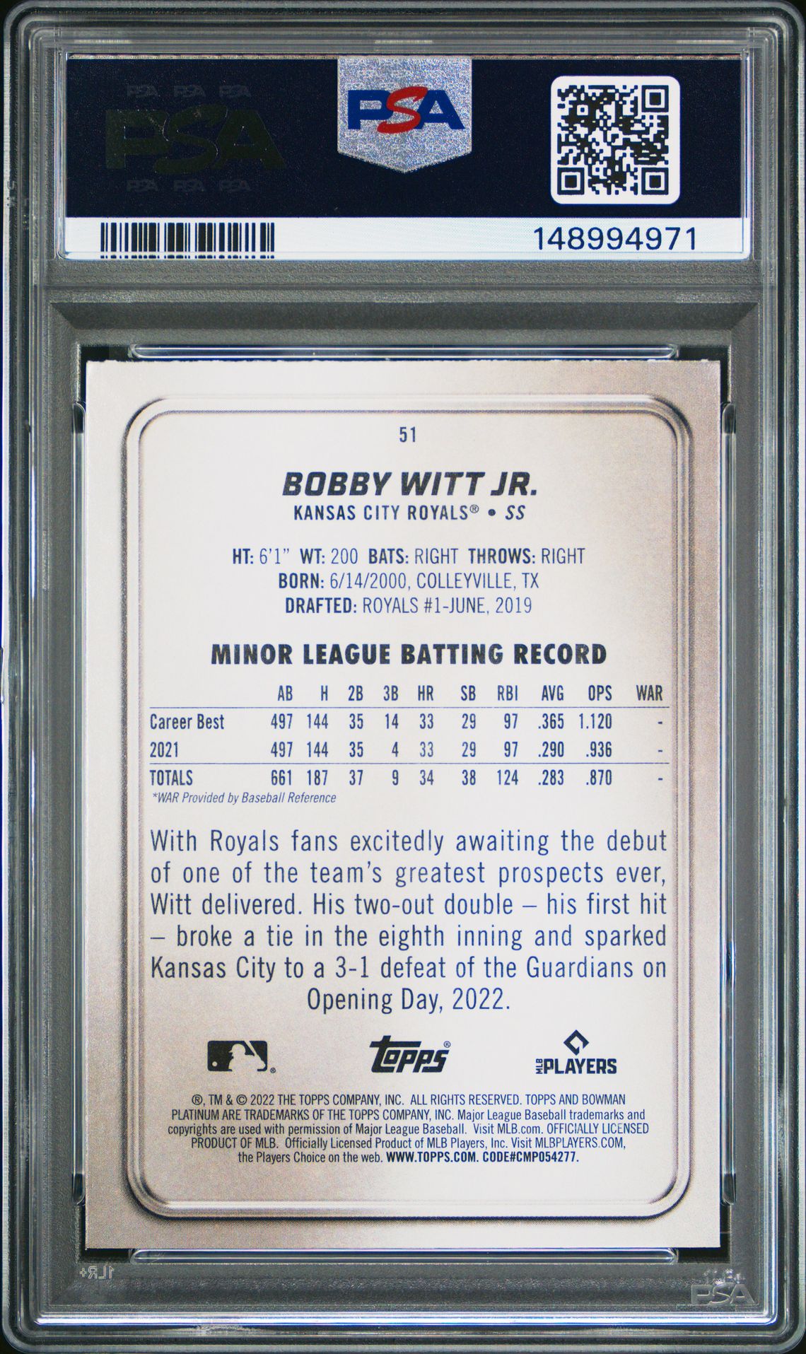 2022 Bowman Platinum Bobby Witt Jr. #51 Gem Mt 10 back view - PSA certificate #148994971