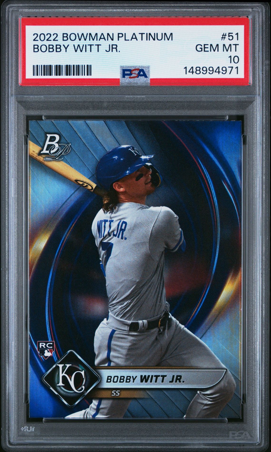 2022 Bowman Platinum Bobby Witt Jr. #51 Gem Mt 10 front view - PSA graded GEM MT 10