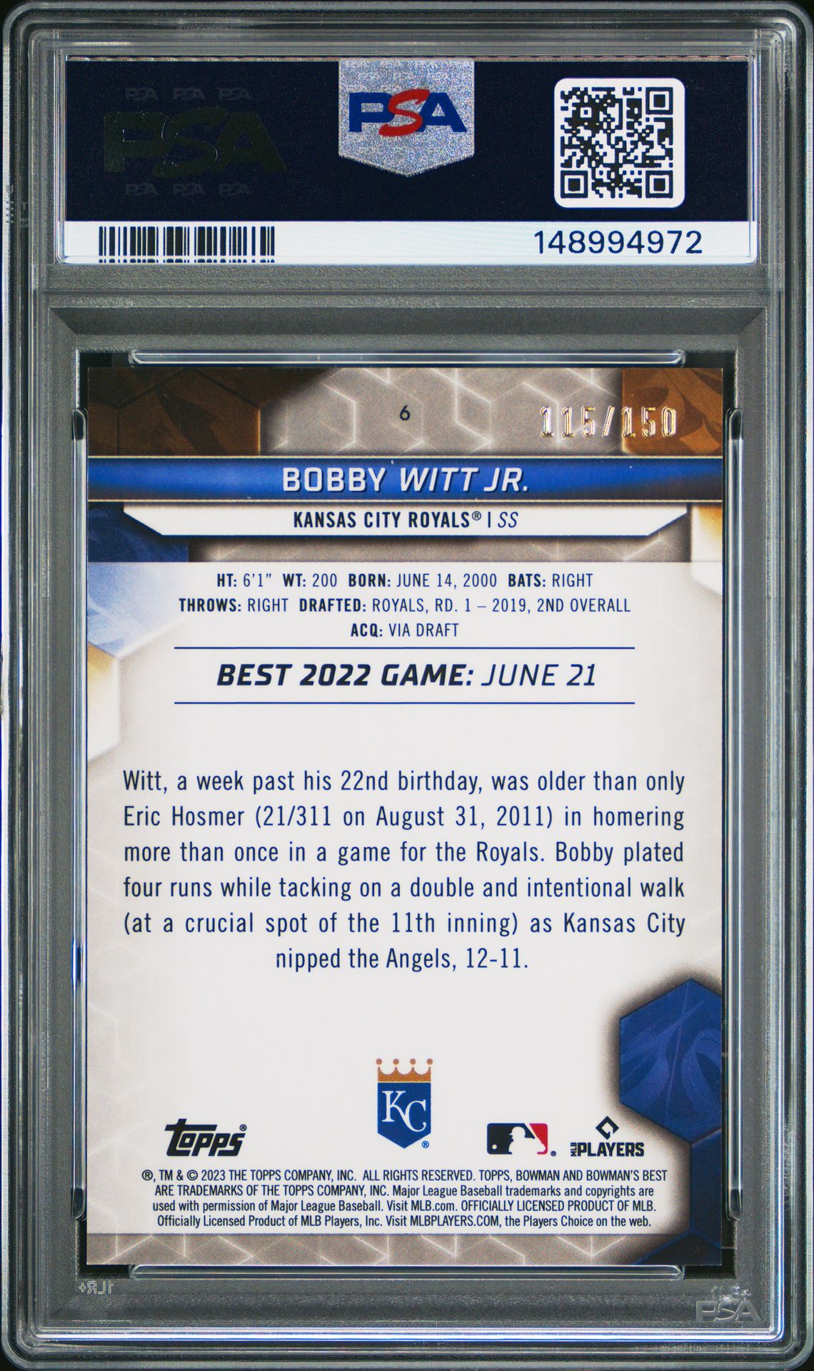 2023 Bowman's Best Bobby Witt Jr. #6 (Blue Refractor) Mint 9 back