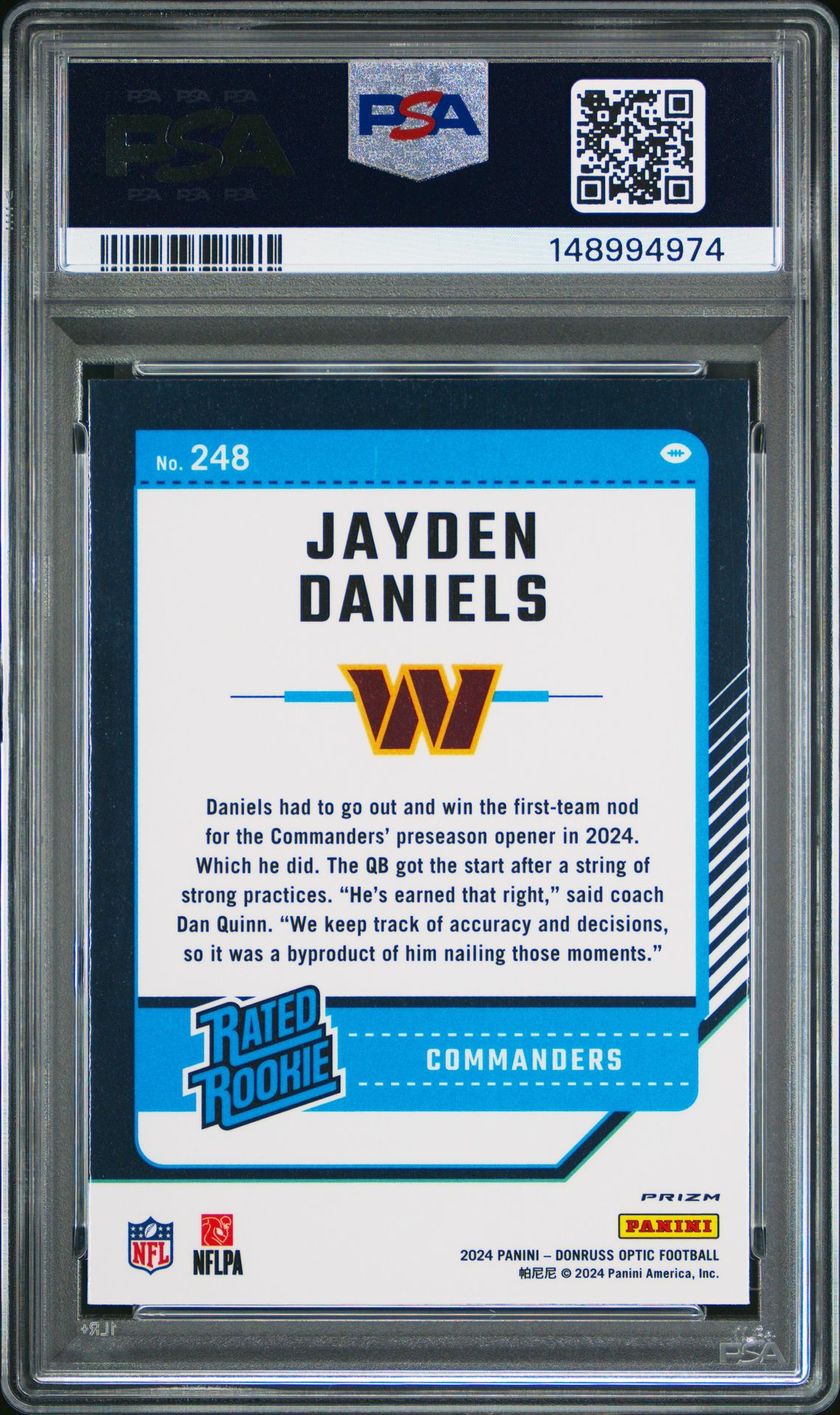 2024 Panini Donruss Optic Jayden Daniels #248 (Blue Hyper) Mint 9 back