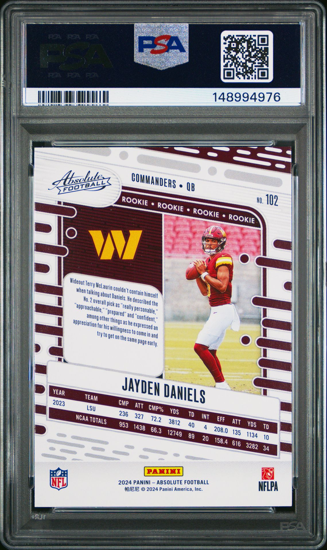 2024 Panini Absolute Jayden Daniels #102 (Blue) Mint 9 back