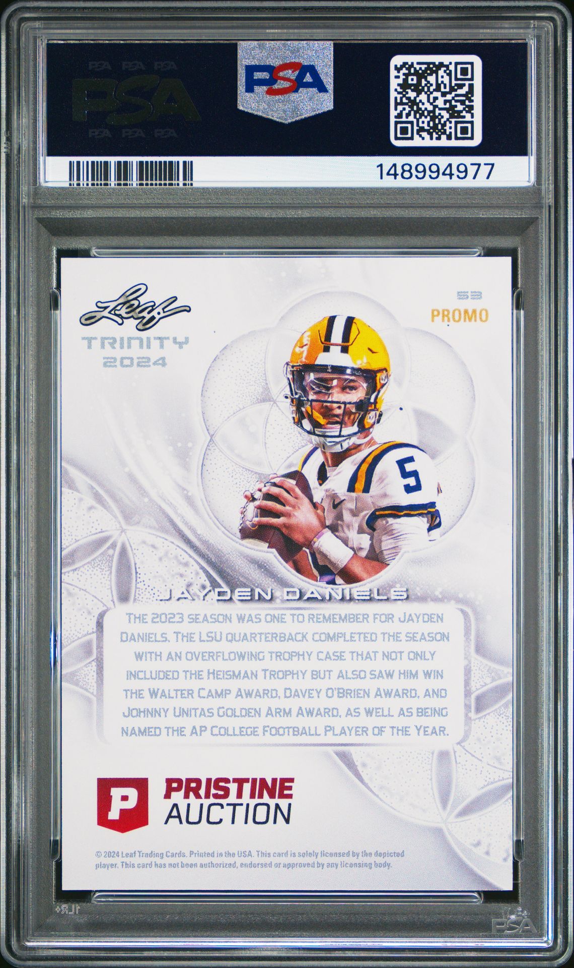2024 Leaf Trinity Pristine Jayden Daniels #53 (Gold Foil) Mint 9 back