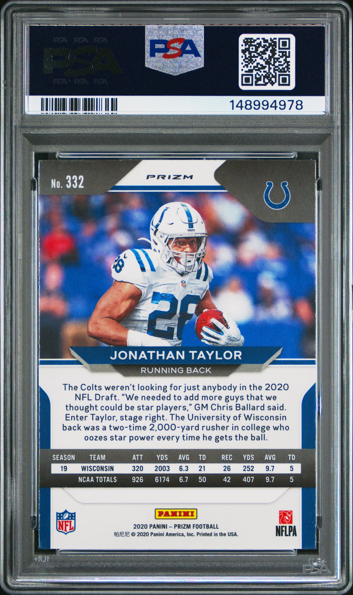 2020 Panini Prizm Jonathan Taylor #332 (Red/White/Blue Prizm) Mint 9 back