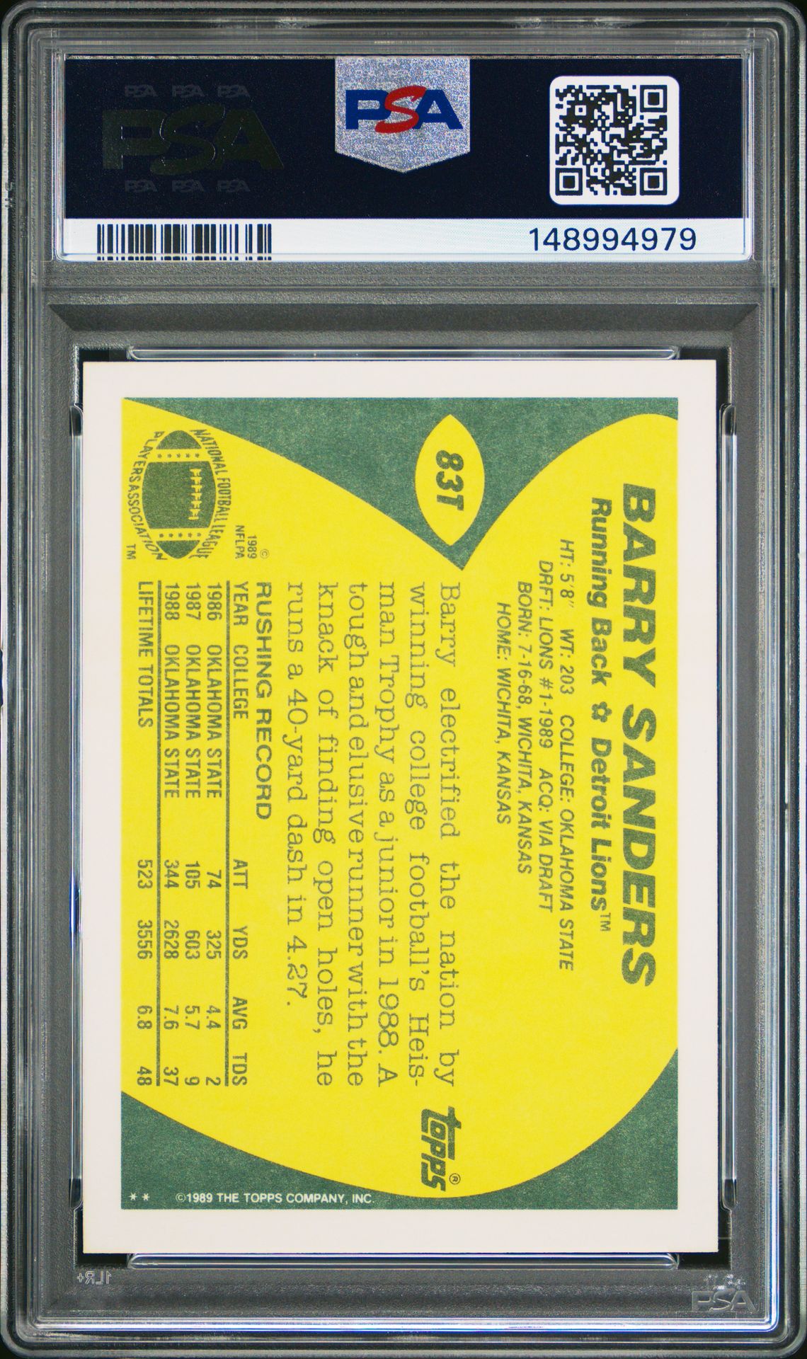 1989 Topps Traded Barry Sanders #83T Mint 9 back