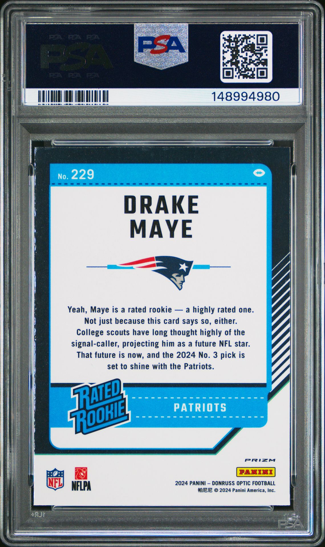 2024 Panini Donruss Optic Drake Maye #229 (Blue Hyper) Gem Mt 10 back
