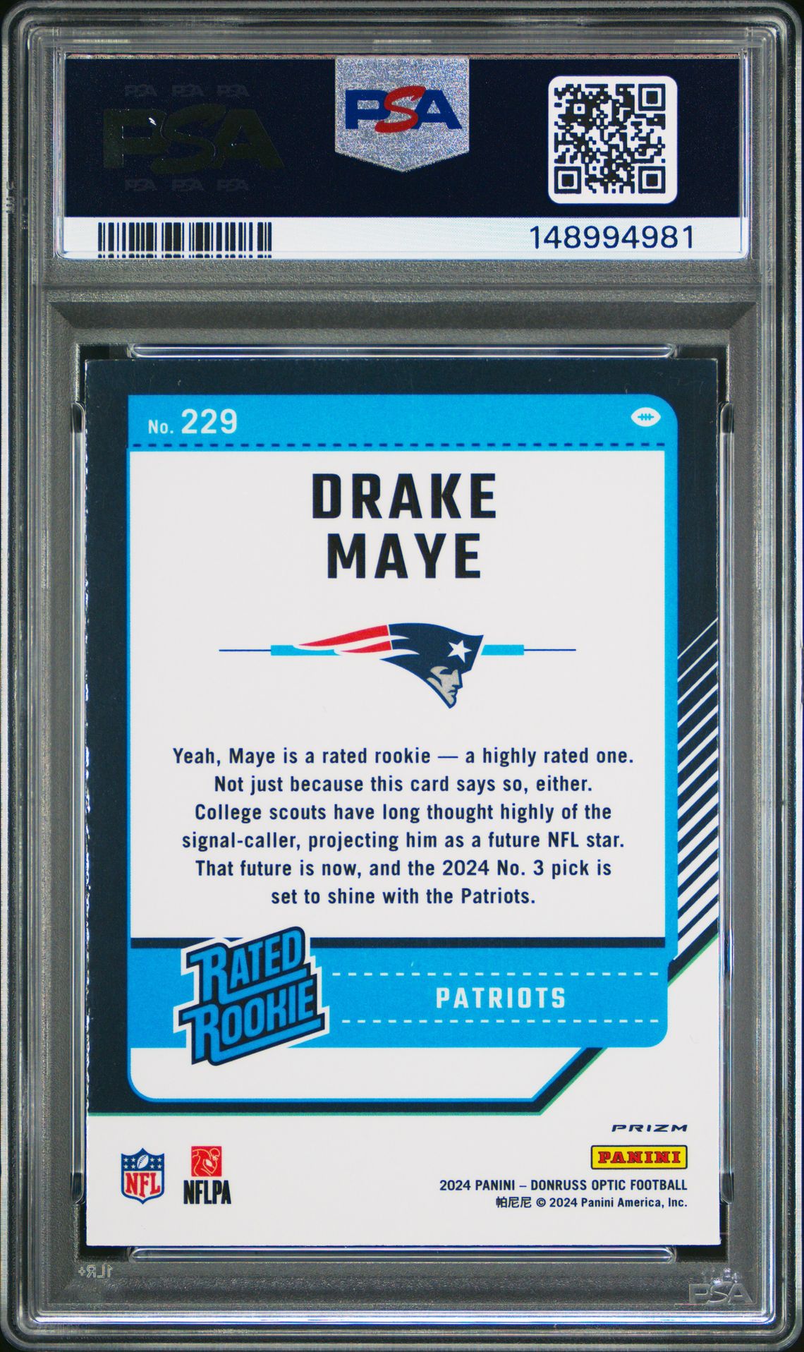 2024 Panini Donruss Optic Drake Maye #229 (Blue Hyper) Mint 9 back