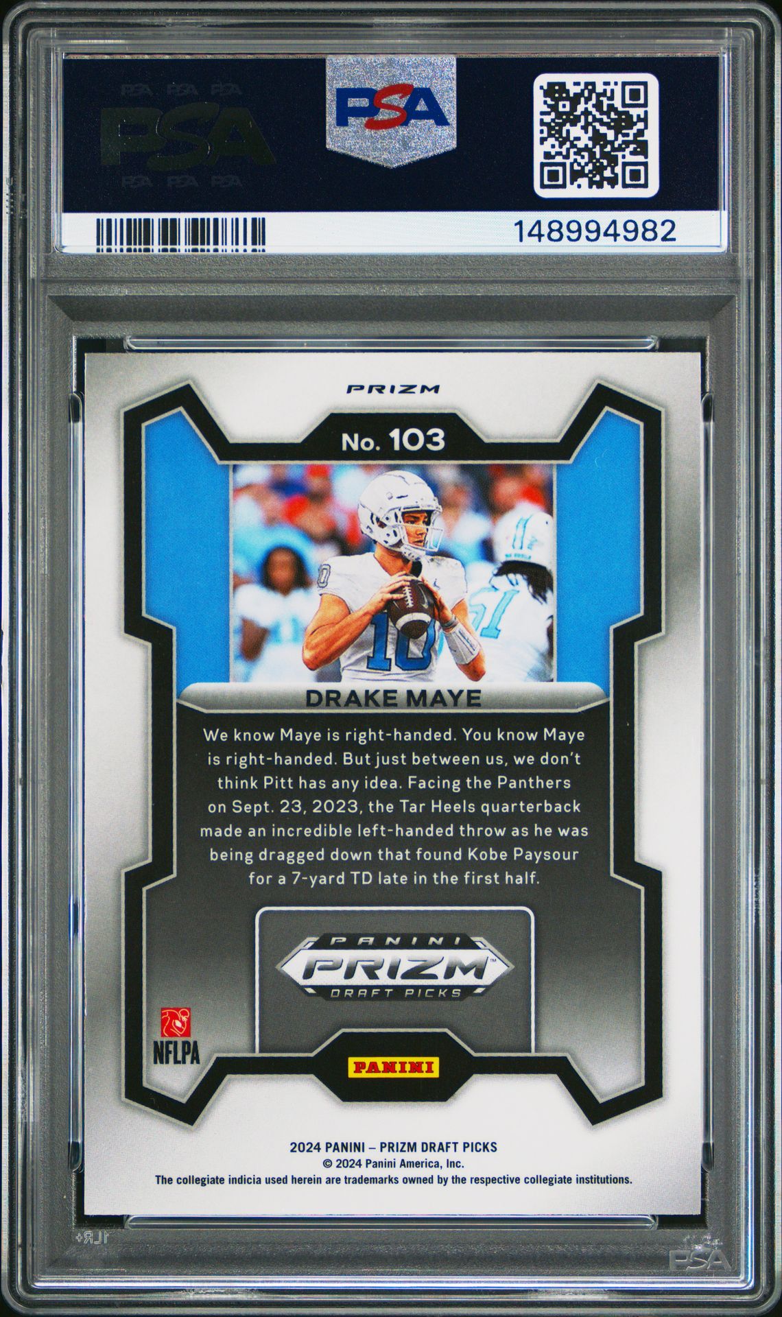 2024 Panini Prizm Draft Picks Drake Maye #103 (Red Ice) Gem Mt 10 back view - PSA certificate #148994982