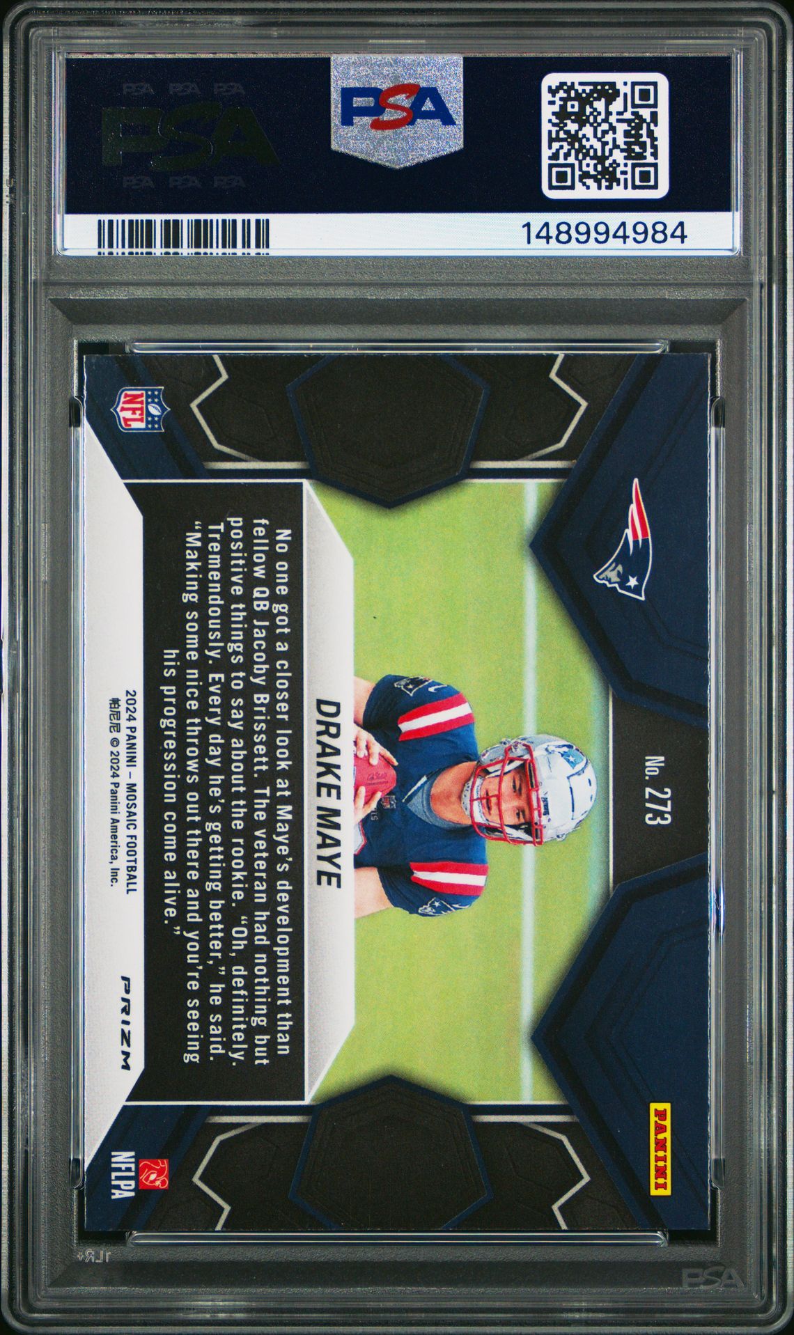 2024 Panini Mosaic Drake Maye #273 (Green) Gem Mt 10 back view - PSA certificate #148994984